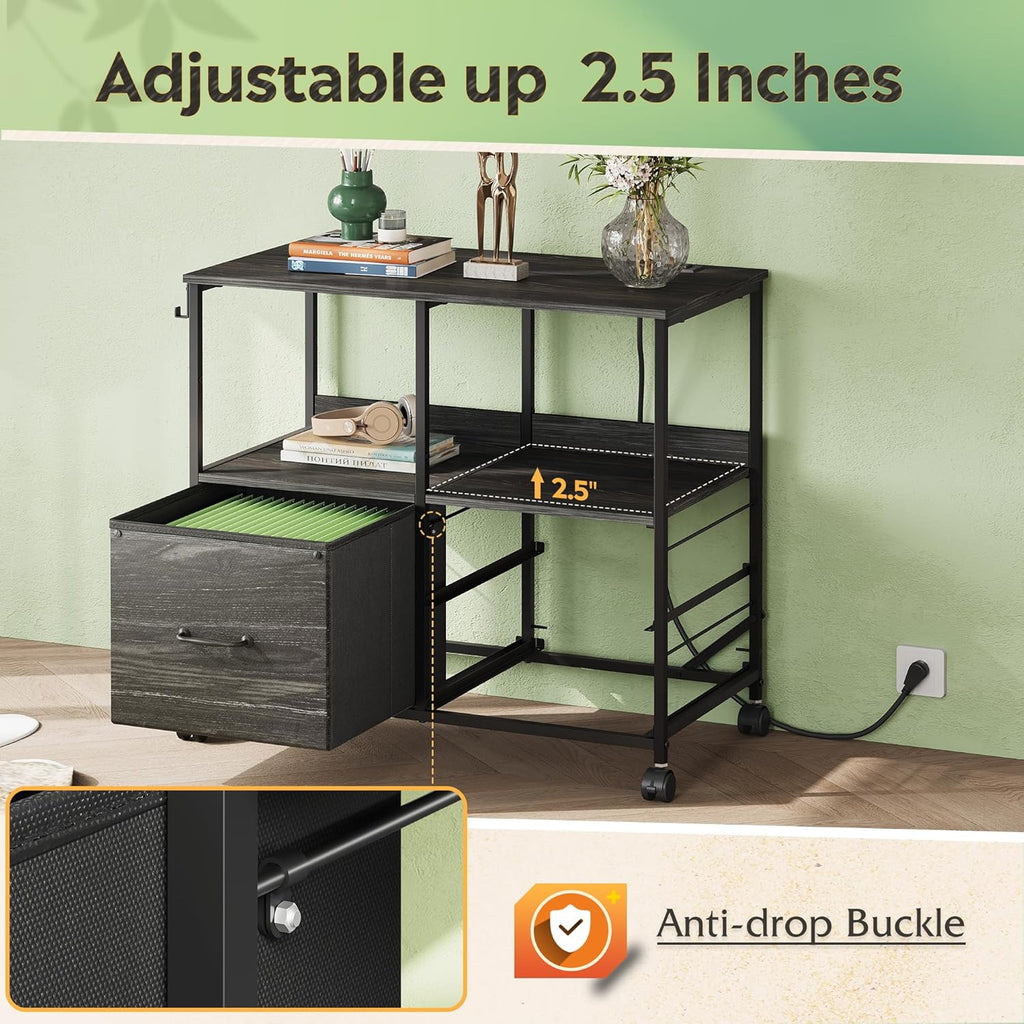 DEVAISE 3 Drawer File Cabinet with Charging Station, Rolling Printer Stand for Office Storage, Mobile Filing Cabinet fits Under Desk Storage, Charcoal Black Wood Grain Print