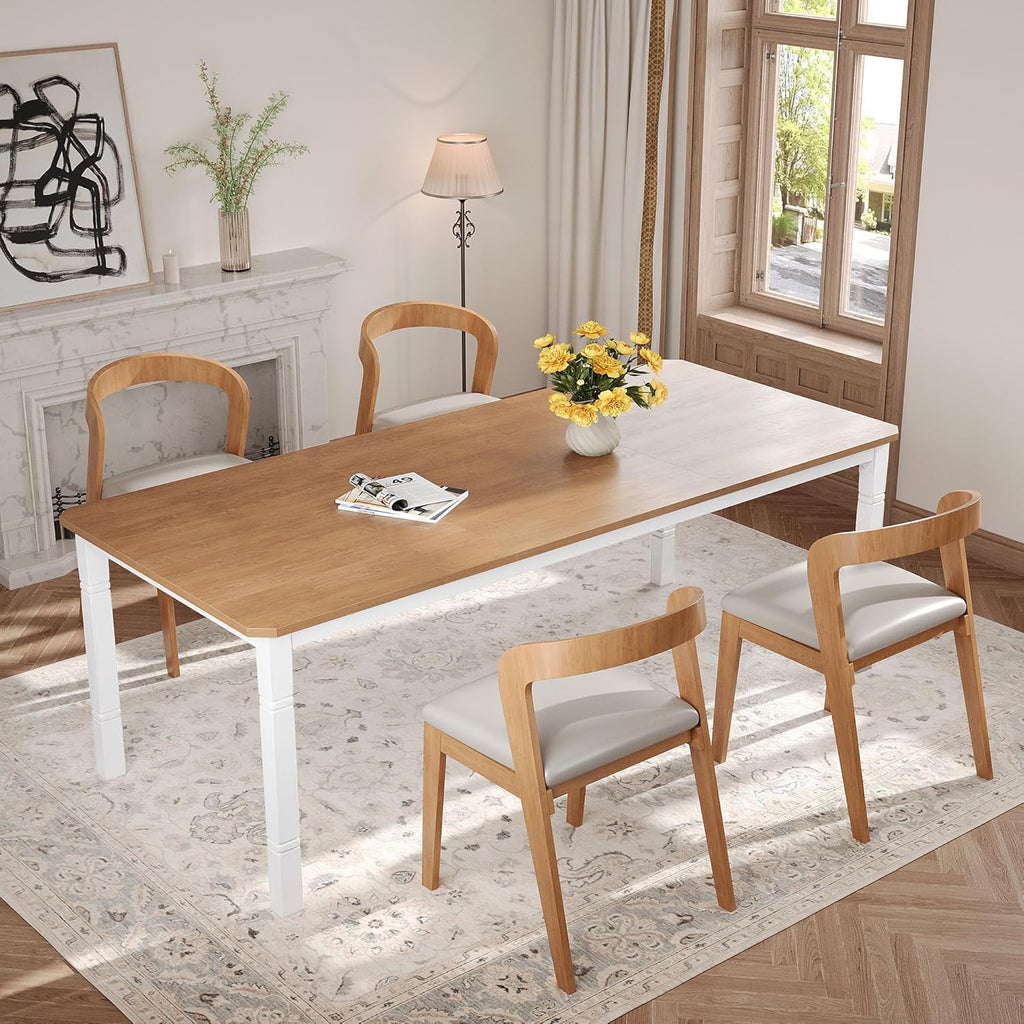 Garvee Large Dining Table for 6-8 People, 79" Wooden Kitchen Table with Sturdy Metal Frame, Dining Room Table for Dining Room, Kitchen, White Leg & Natural