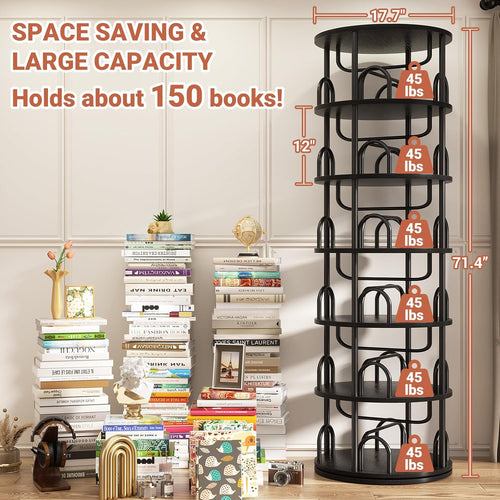 Aheaplus 6 Tier Rotating Bookshelf Tower, Revolving Bookcase, 360° Round Spinning Book Shelf, Narrow Swivel Bookshelves Vertical Rolling Turning Corner Bookshelf Organizer for Small Space, Black