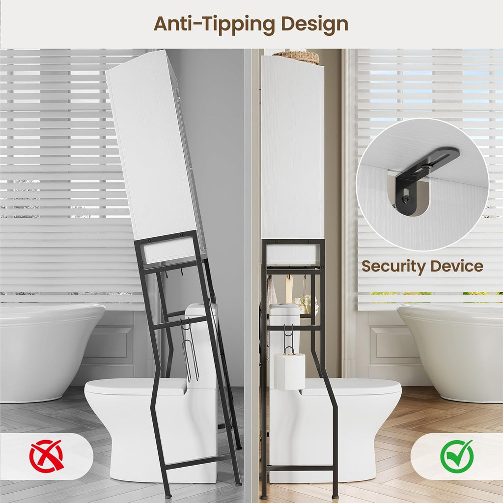 Memobarco Over The Toilet Storage Cabinet, Over Toilet Organizer with 2-Door & Metal Stand, Bathroom Organizers and Storage with Adjustable Shelves for Bathroom, Restroom, Laundry, White