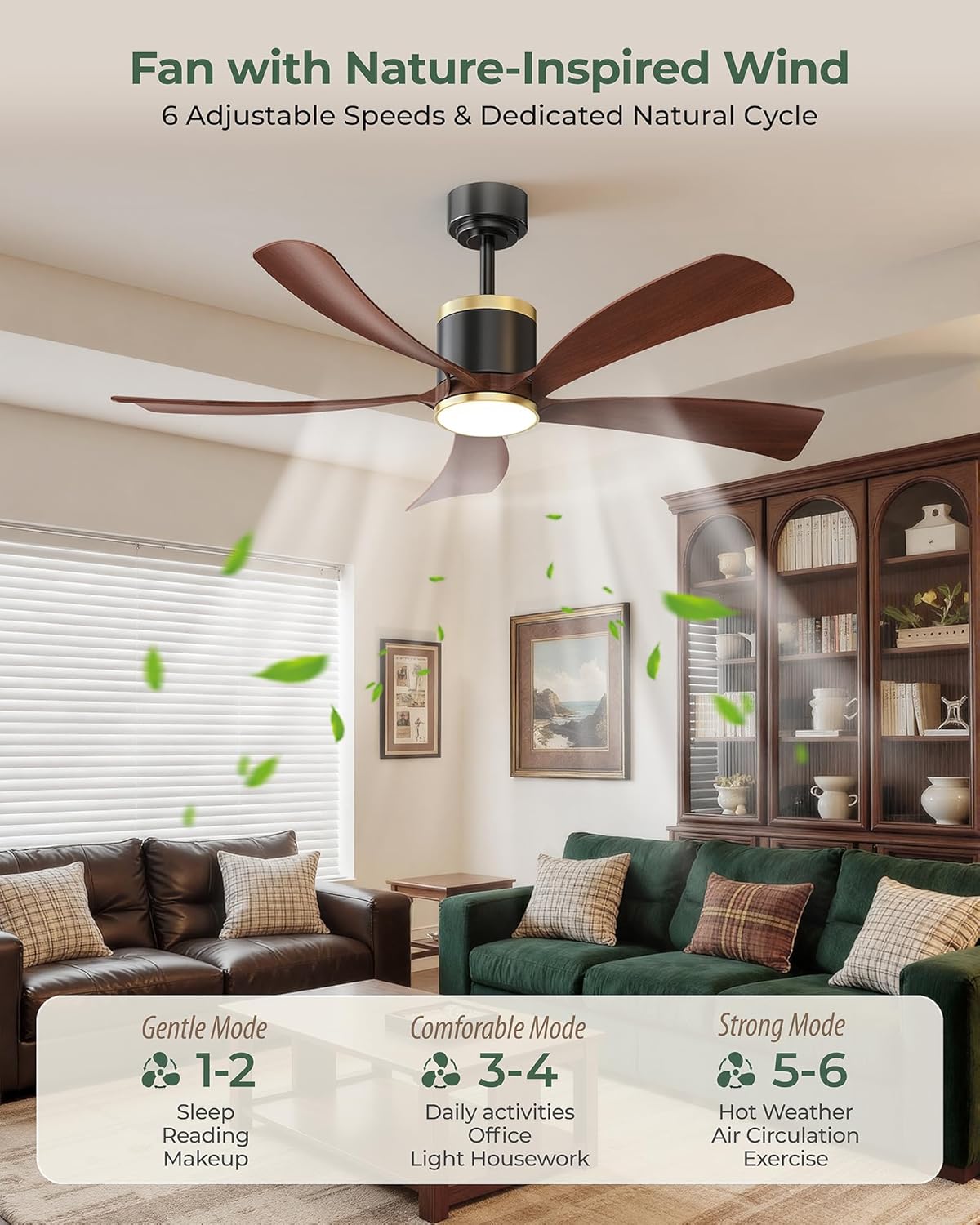 BLNAN 52" Premium Walnut Solid Wood Ceiling Fan with Light - Whisper-Quiet DC Motor, 6 Speeds, 3000K-6000K Dimmable LED, Remote Control with Timer, 2 Downrods for Indoor/Outdoor, A++ Energy Saving