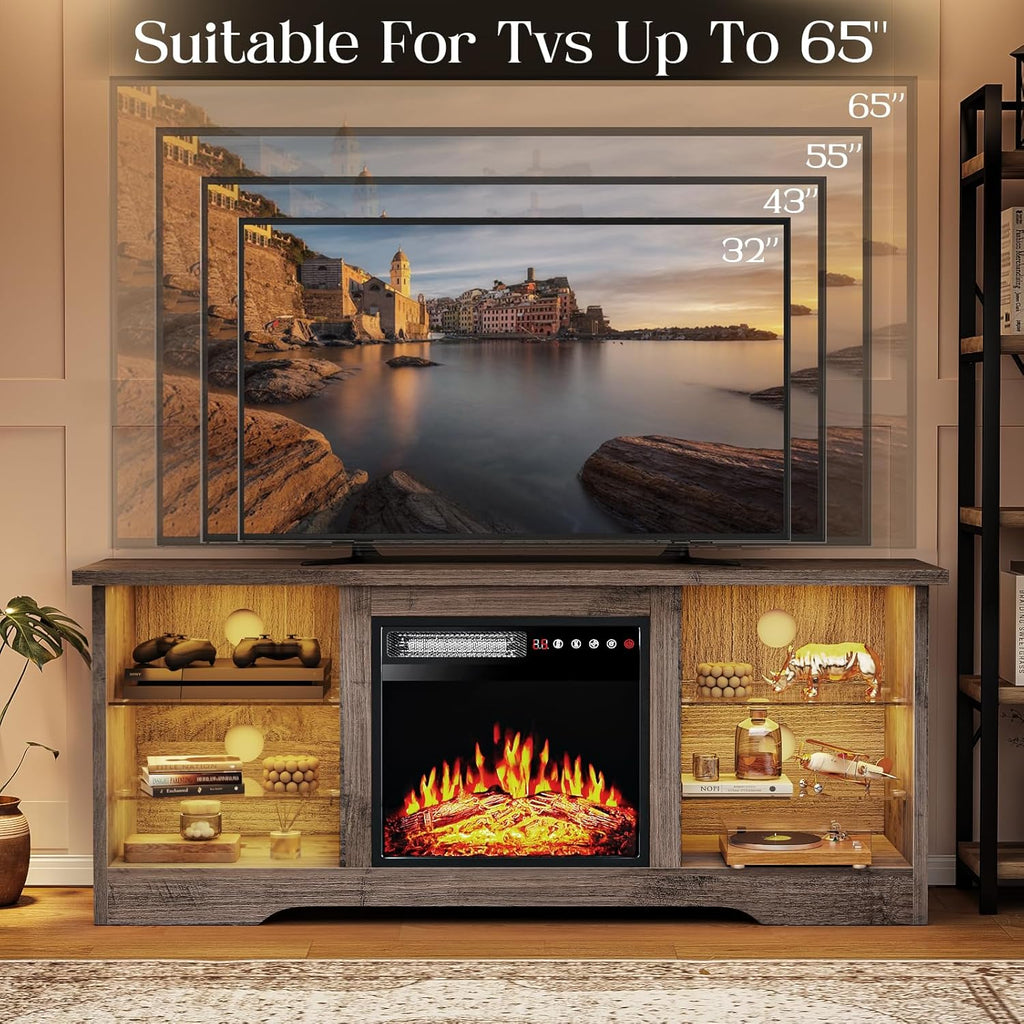 VITESSE 58 Inches Fireplace TV Stand for TVs up to 65 Inches Console with 18'' Electric Fireplace & Remote,Wooden Modern Entertainment Center for Living Room with LED Light Glass Shelves（Gray）