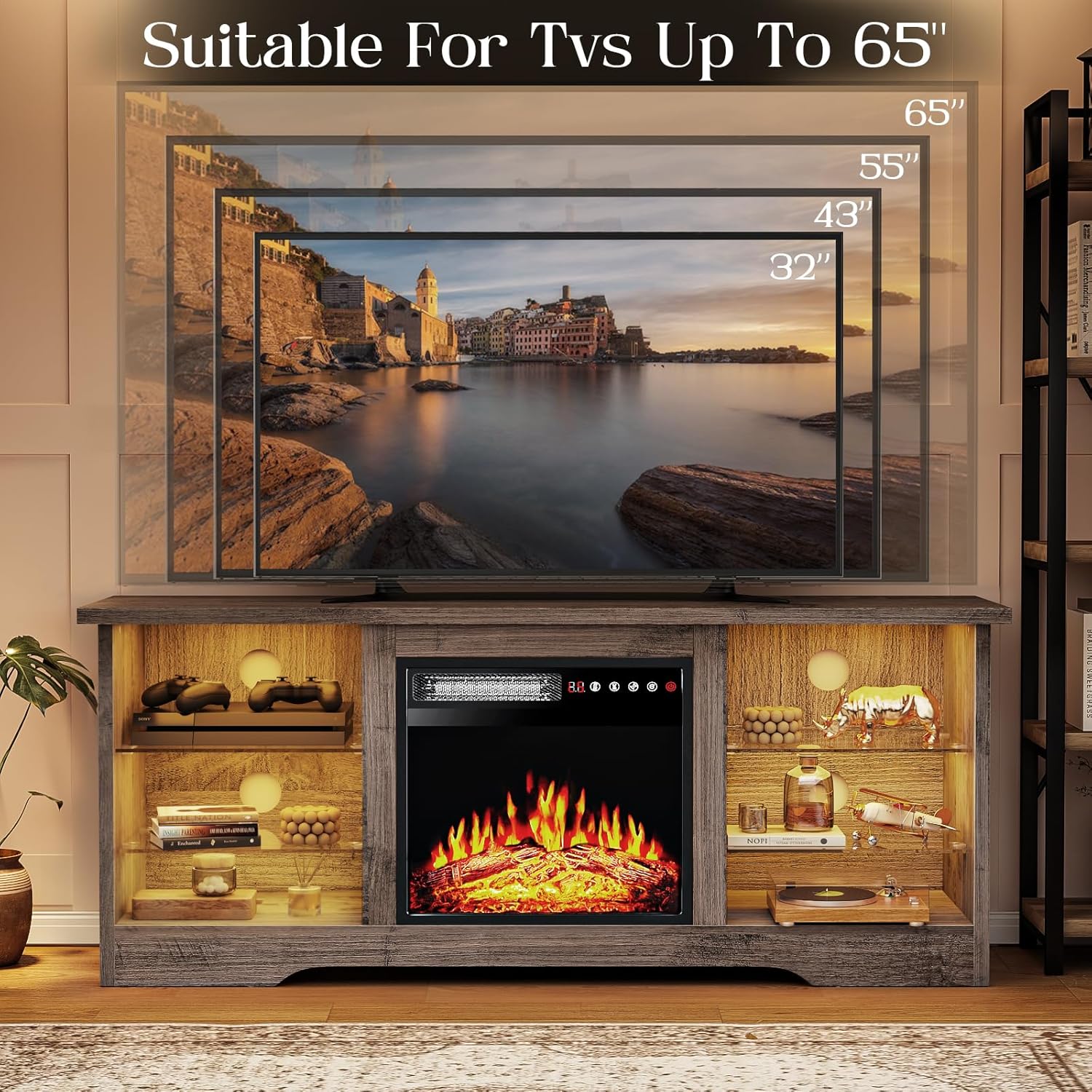 VITESSE 58 Inches Fireplace TV Stand for TVs up to 65 Inches Console with 18'' Electric Fireplace & Remote,Wooden Modern Entertainment Center for Living Room with LED Light Glass Shelves（Gray）