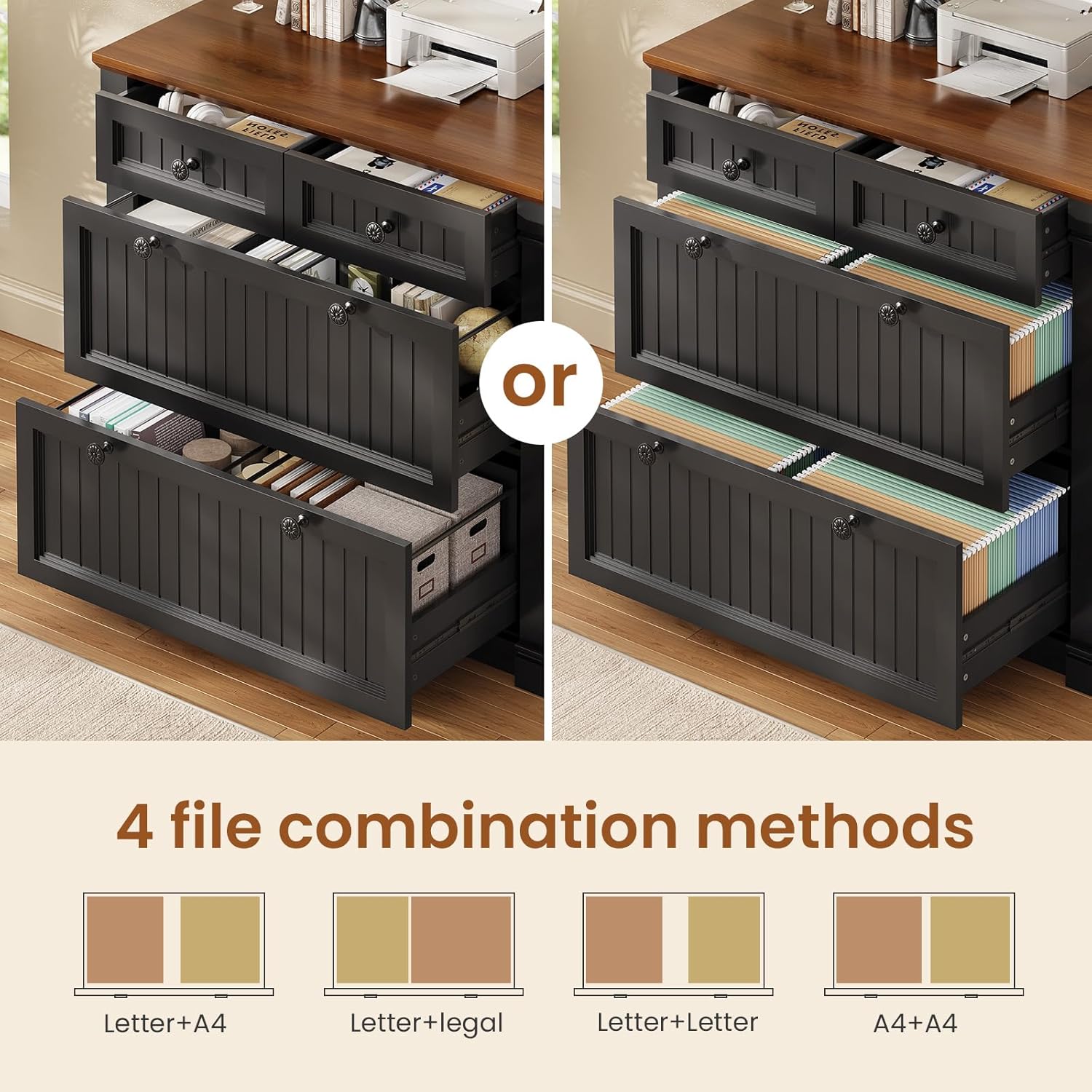 SEDETA 4 Drawers File Cabinet, 33" Farmhouse Filing Cabinets for Home Office fit Legal/Letter/A4 File, Wood Office File Cabinet with Power Outlets, Printer Stand with Storage, Black+Brown