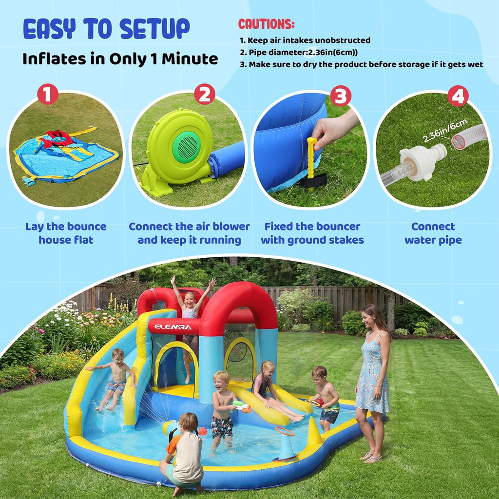 ELEMARA Inflatable Water Slide, 9 in 1 Kids Bounce House with 2 Slides, Pool&Trampoline, Fun Dart Game&Ring-toss Game, Climbing Walls, Bounce House with Blower for Outdoor Indoor, 108.3*106.3*56.3in