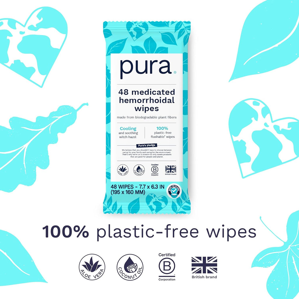 Pura XL Flushable Medicated Wipes for Hemorrhoid Relief, Extra-Large, Fragrance-Free Wet Wipes with Witch Hazel, Coconut Oil & Aloe, Skin Soothing, 96 Wipes (2 Packs)
