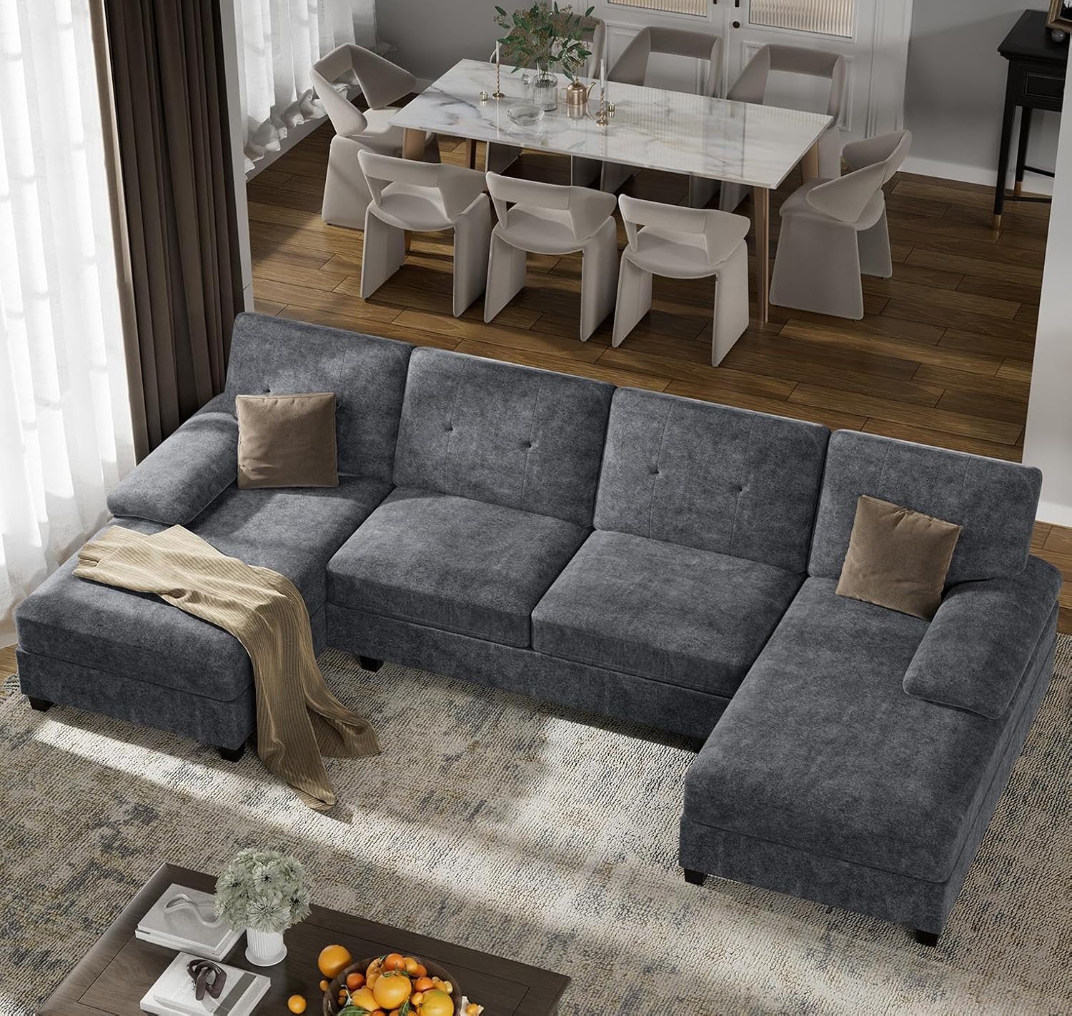U-Shaped Sectional Couches for Living Room, 4 Seat Sofa with Double Chaise Lounges,Solid Wood Frame Sectional Sofa for Apartment,Dark Grey
