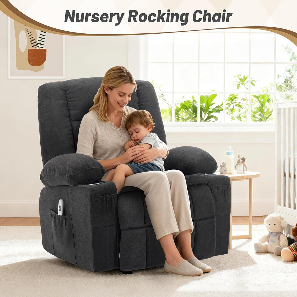 Rocker Recliner Chair with Massage and Heat, Nursery Rocking Chairs for Living Room, Recliner Chair for Adults, Ergonomic Comfy Relining Chair with Cup Holders, USB Charge Port, Side Pockets, Black