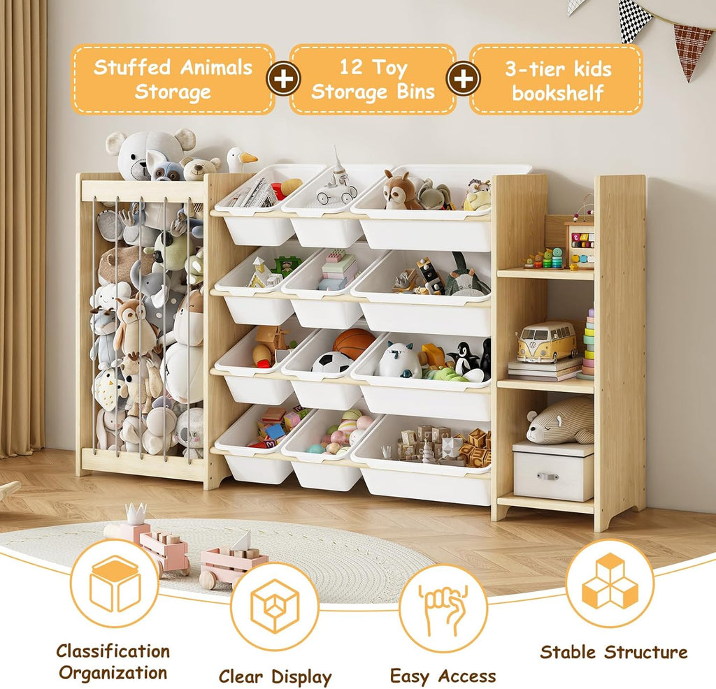 EXPERLAM 3-in-1 Toy Storage Organizer, Stuffed Animal Holder & 3-Tier Bookcase, Solid Wood Toy Organizer with 12 Storage Bins, Space-Saving Toy & Book Shelf for Kids Rooms, Bedroom, Playroom, White