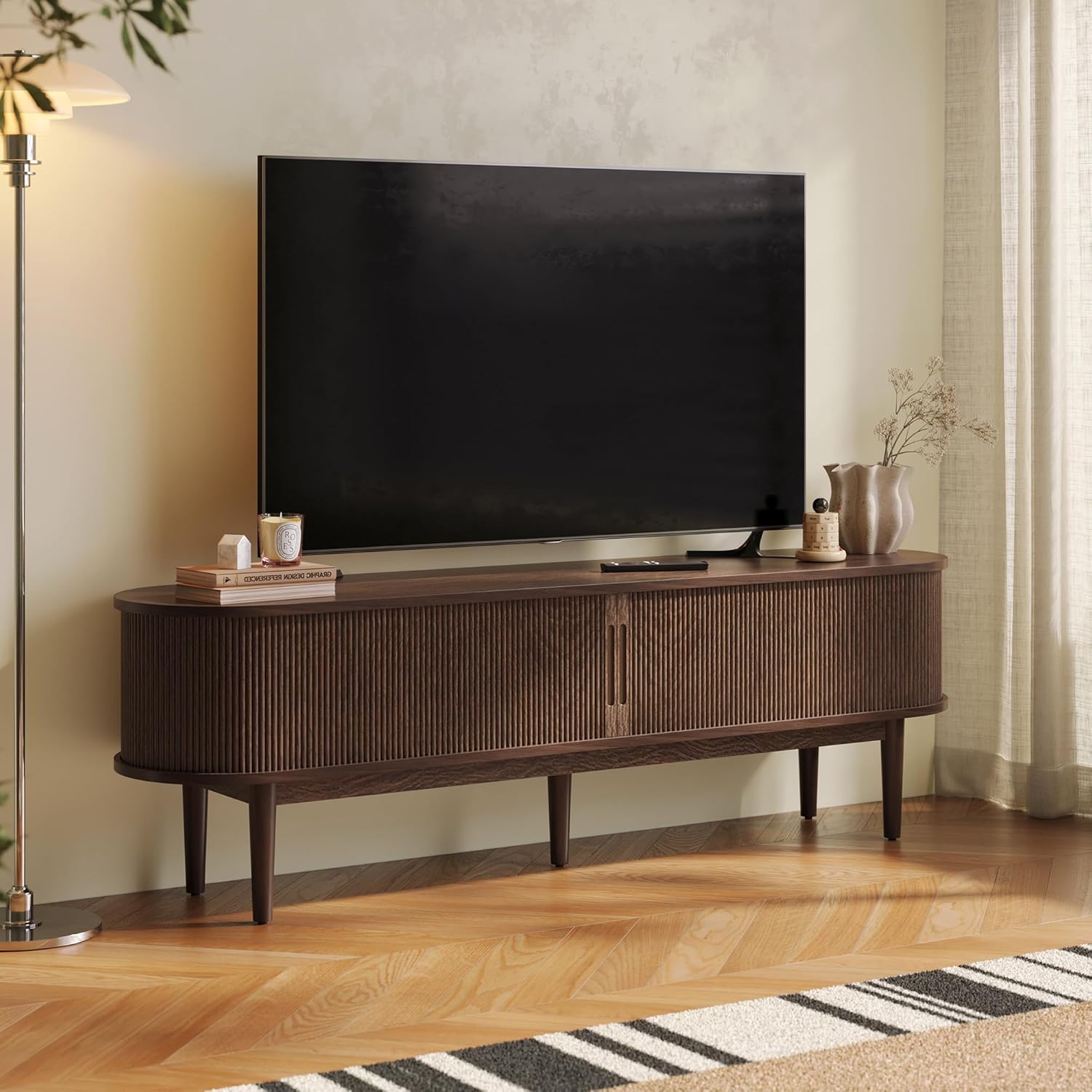 LINSY HOME Fluted TV Stand for 75" TV, Mid-Century Modern 70" Entertainment Center with Sliding Tambour Door and Storage Cabinet, Cruved TV Media Console Table for Living Room, Bedroom, Walnut