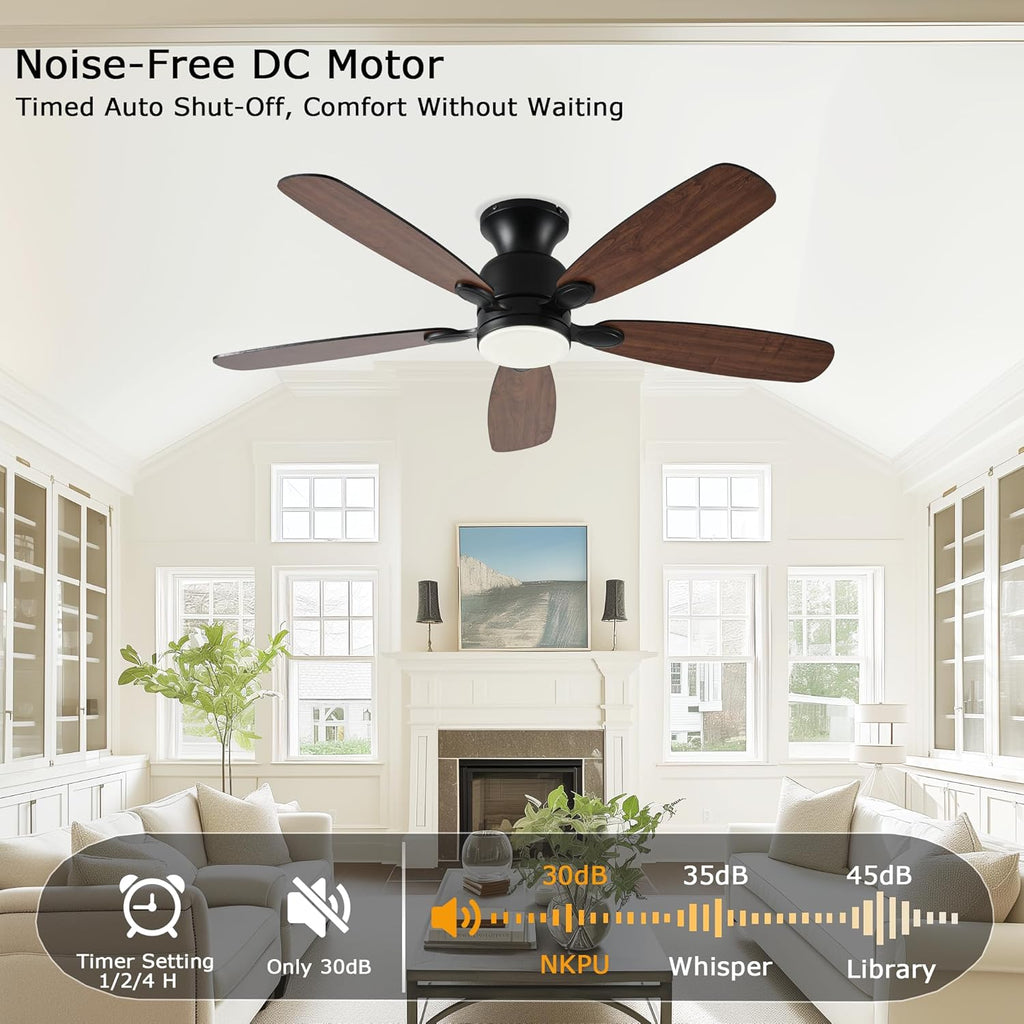 NKPU 52inch Low Profile Ceiling Fan with Light and Remote/APP Control,Reversible DC Motor,Noiseless,Dimmable,Modern Flush Mount Ceiling Fan for Bedroom,Indoor/Outdoor Use(Brown)