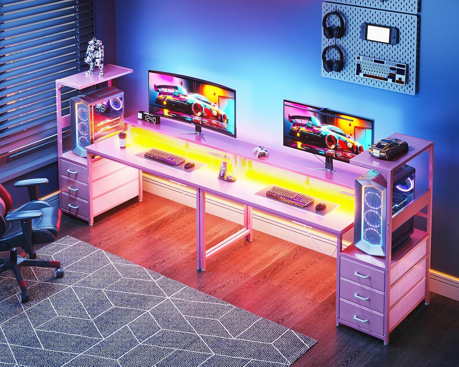 AODK 59 Inch Gaming Desk with USB Charging Ports & LED Light- Reversible Computer Desk with Storage Shelves & Monitor Stand, Modern Gamer Desk Table with Fabric Drawers, Pink