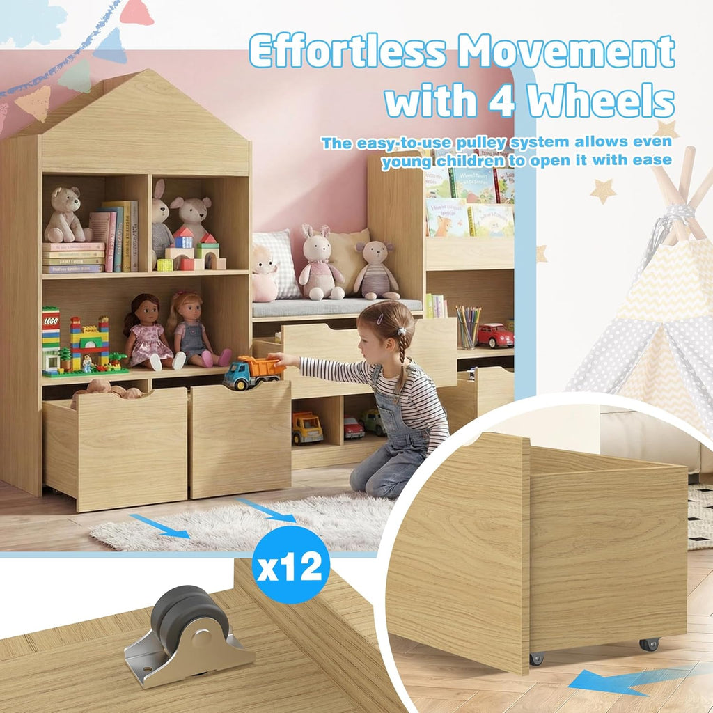 72" Kids Castle Bookshelf with Reading Nook, Large Toy Storage Organizer with Seat Cushion, 4 Drawers, Wheels, Kids Bookshelf and Bookcase w/8 Cubbies for Playroom, Nursery, Bedroom (Burlywood)