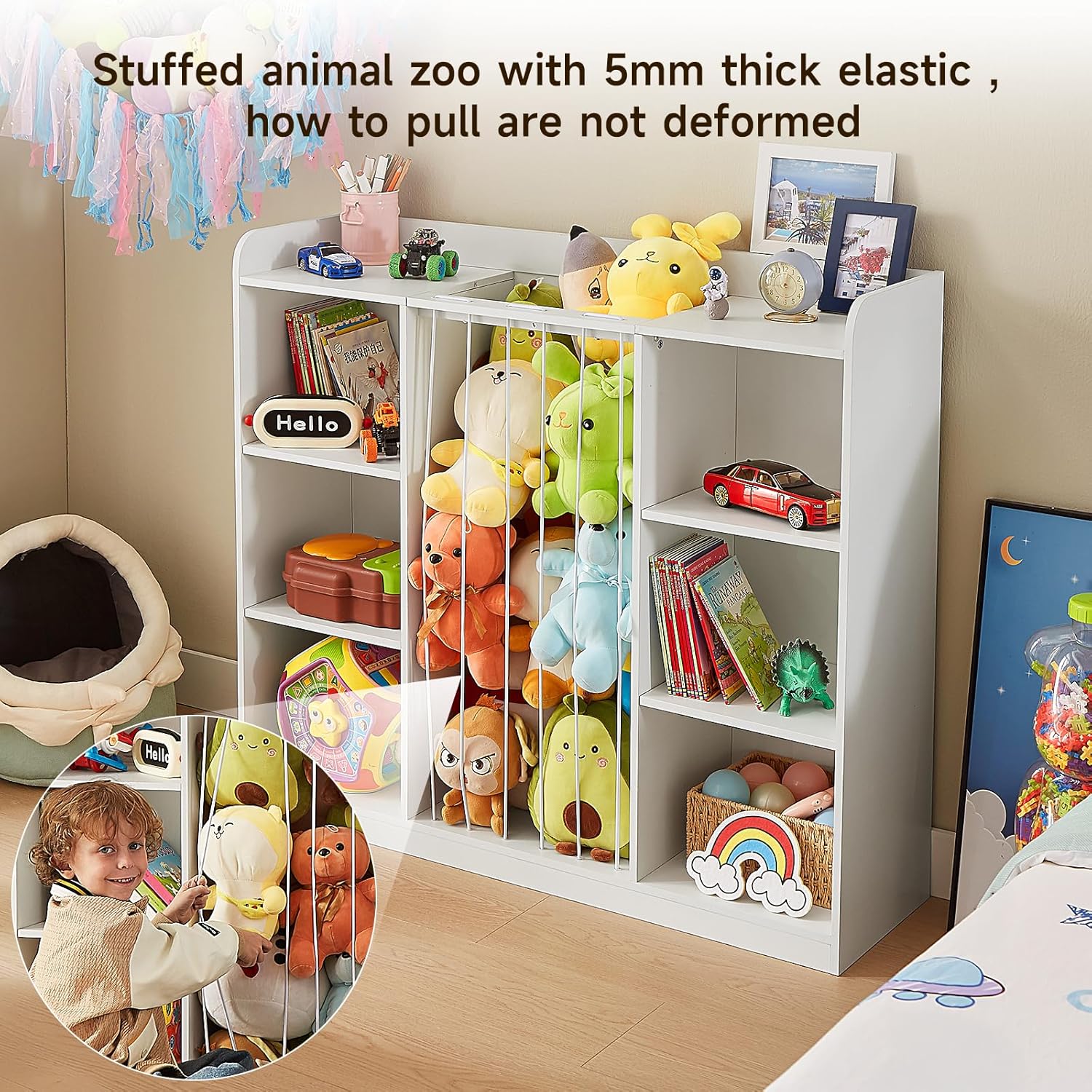 Toddler Stuffed Animal Zoo, Toy Storage Organizer for Playroom, Plush Toy Organizers and Storage, Book Shelf for Kids Rooms, Elastic Band Child Bookcase, Toy Shelf with 8 Storage Cubbies (White)