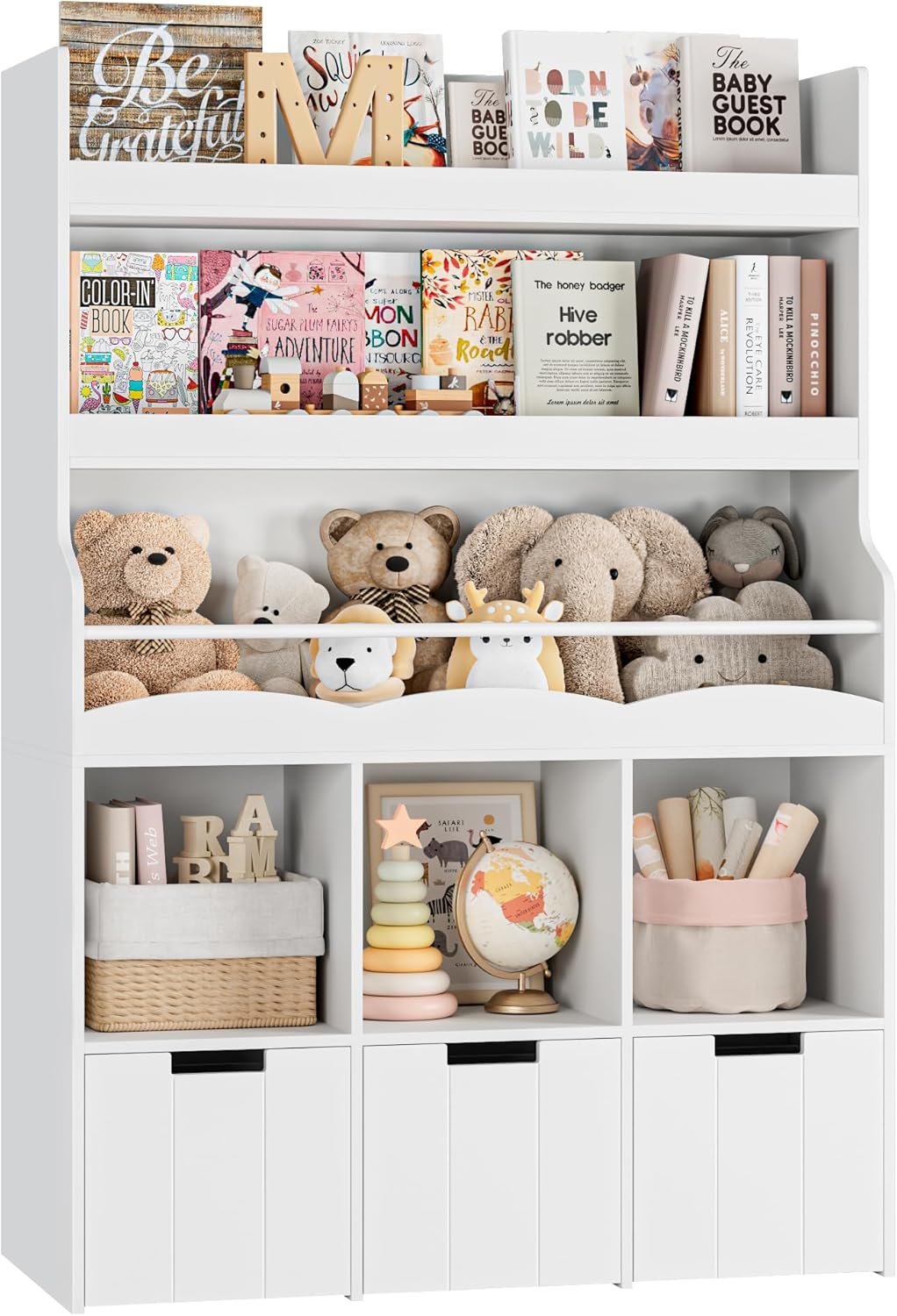 HITHOS 55.3" H Kids Bookshelf with Toy Storage Organizer, Tall Book Shelf with 3 Movable Toy Storage Bins, Large Kids Bookcase with Toy Chest, 39.2" W Modern Toy Box for Kid Room, Playroom, White