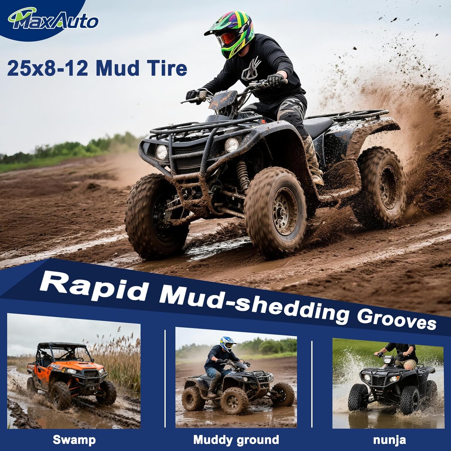 MaxAuto 2pcs 25x8-12 ATV UTV Tires, 25x8x12 All Terrain Side by Side Tires, 25 8 12 Mud Tire, 6Ply Tubeless