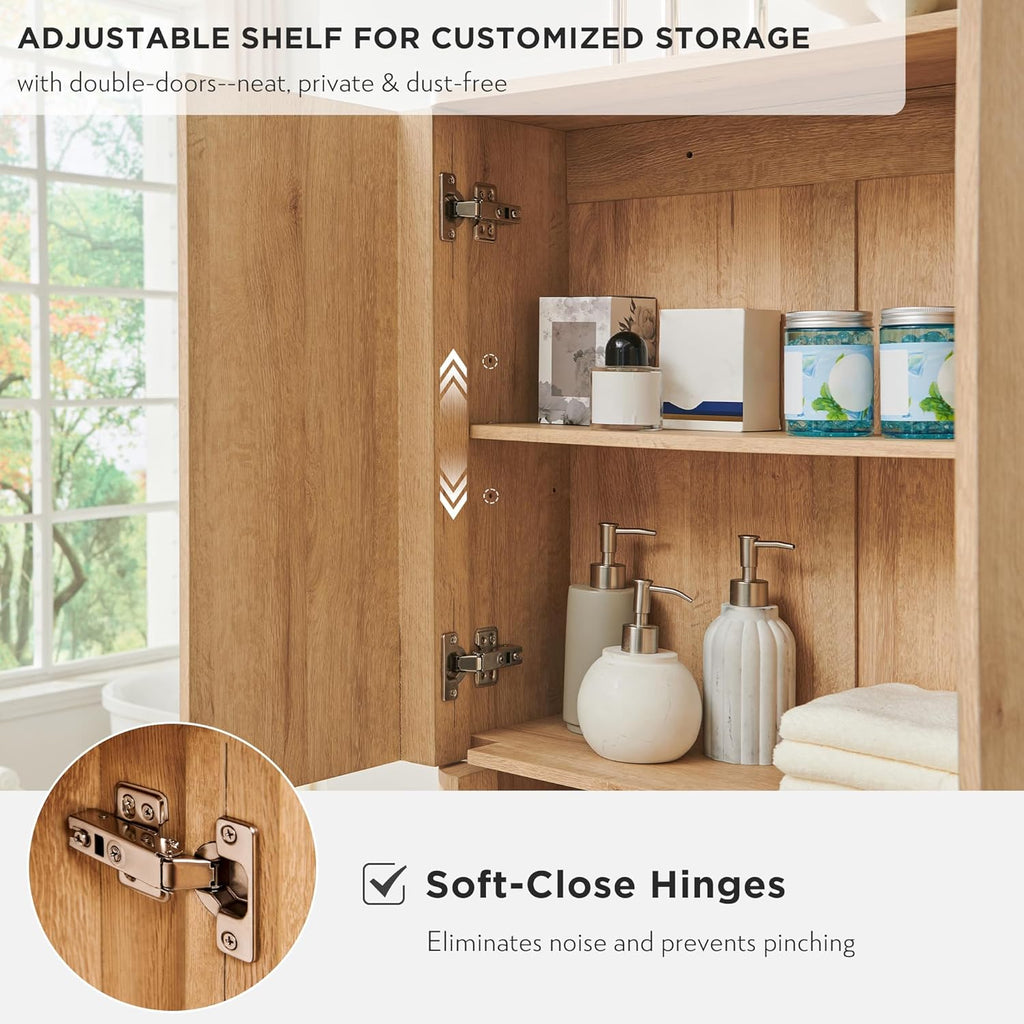 JXQTLINGMU Modern Over The Toilet Storage Cabinet, 67 Inch Tall Wooden Bathroom Cabinet with Adjustable Shelf & Handle-Less Double Doors, Natural Oak