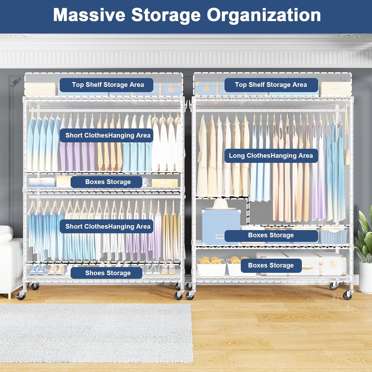 ULIFHOME P8C Max Heavy Duty Clothes Rack（With Extended Width Design） Rolling Clothing Racks for Hanging Clothes with Lockable Wheels，51.2"W x 15.8"D x 80.5"H，Load 700LBS，White Rack with White Cover