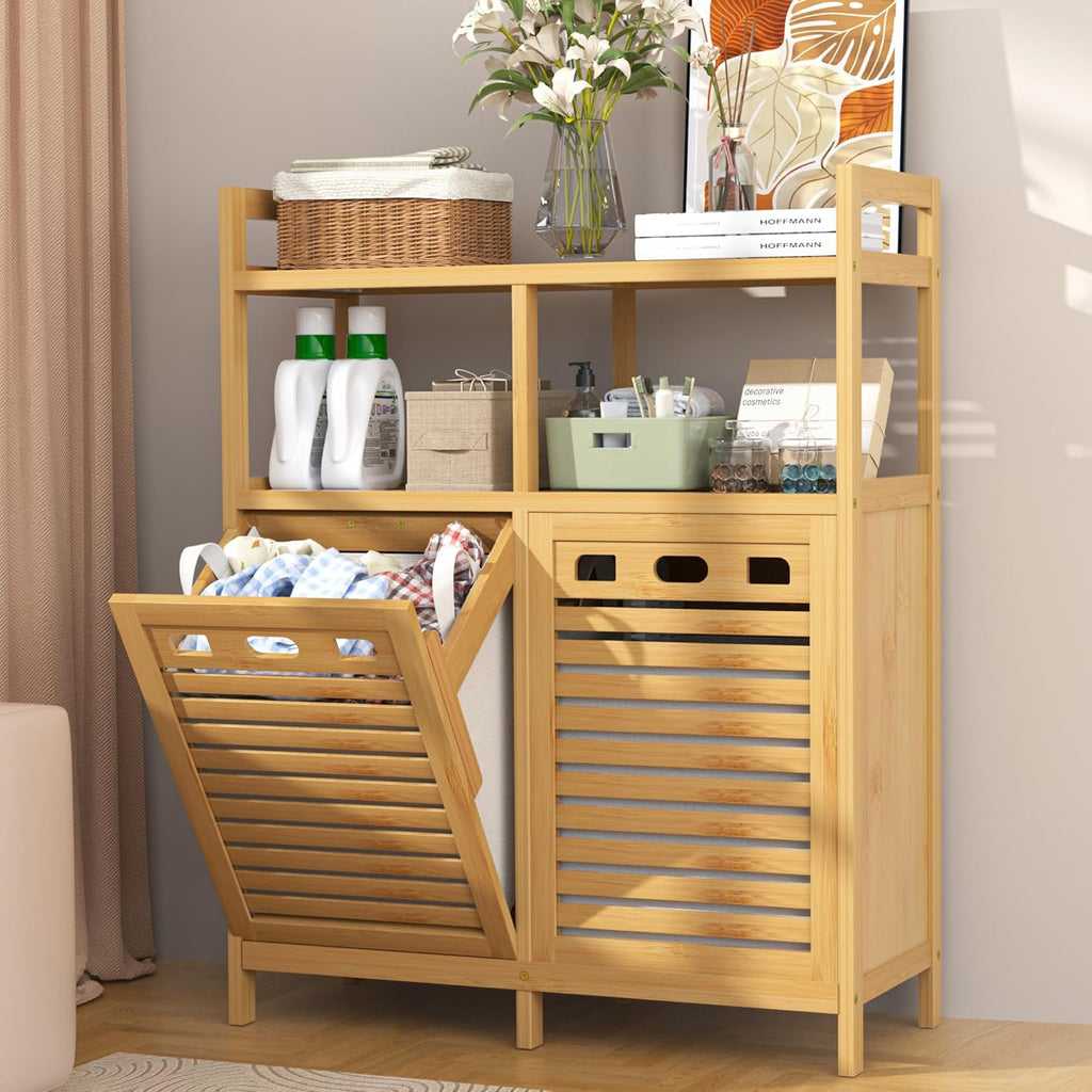 VASMIA Tilt Out Laundry Hamper Cabinet, Bamboo Double Laundry Hamper with 2 Removable Laundry Baskets, 20 Gal Laundry Sorter Organizer with Shelf for Dirty Clothes, Bathroom, Laundry Room, Natural