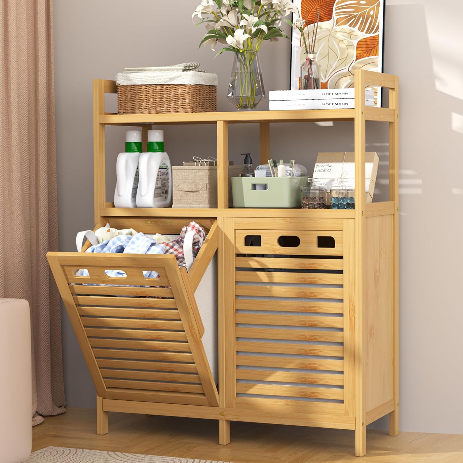 VASMIA Tilt Out Laundry Hamper Cabinet, Bamboo Double Laundry Hamper with 2 Removable Laundry Baskets, 20 Gal Laundry Sorter Organizer with Shelf for Dirty Clothes, Bathroom, Laundry Room, Natural