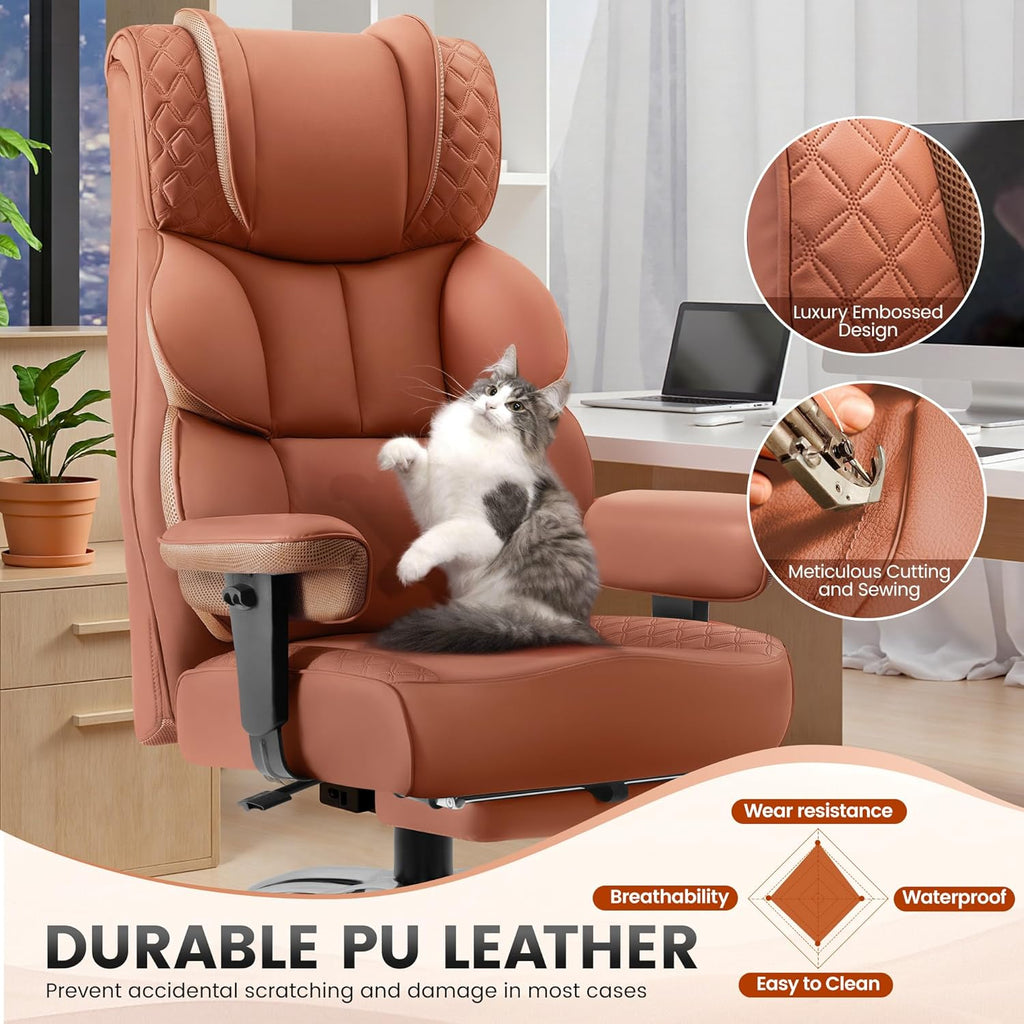 BestGlory Office Desk Chair, Big and Tall Leather Gaming Chair with Footrest, Wide Ergonomic Comfy Executive High-Back Reclining Computer Chairs, Swivel Rolling Wheels and Padded Lumbar Support, Brown