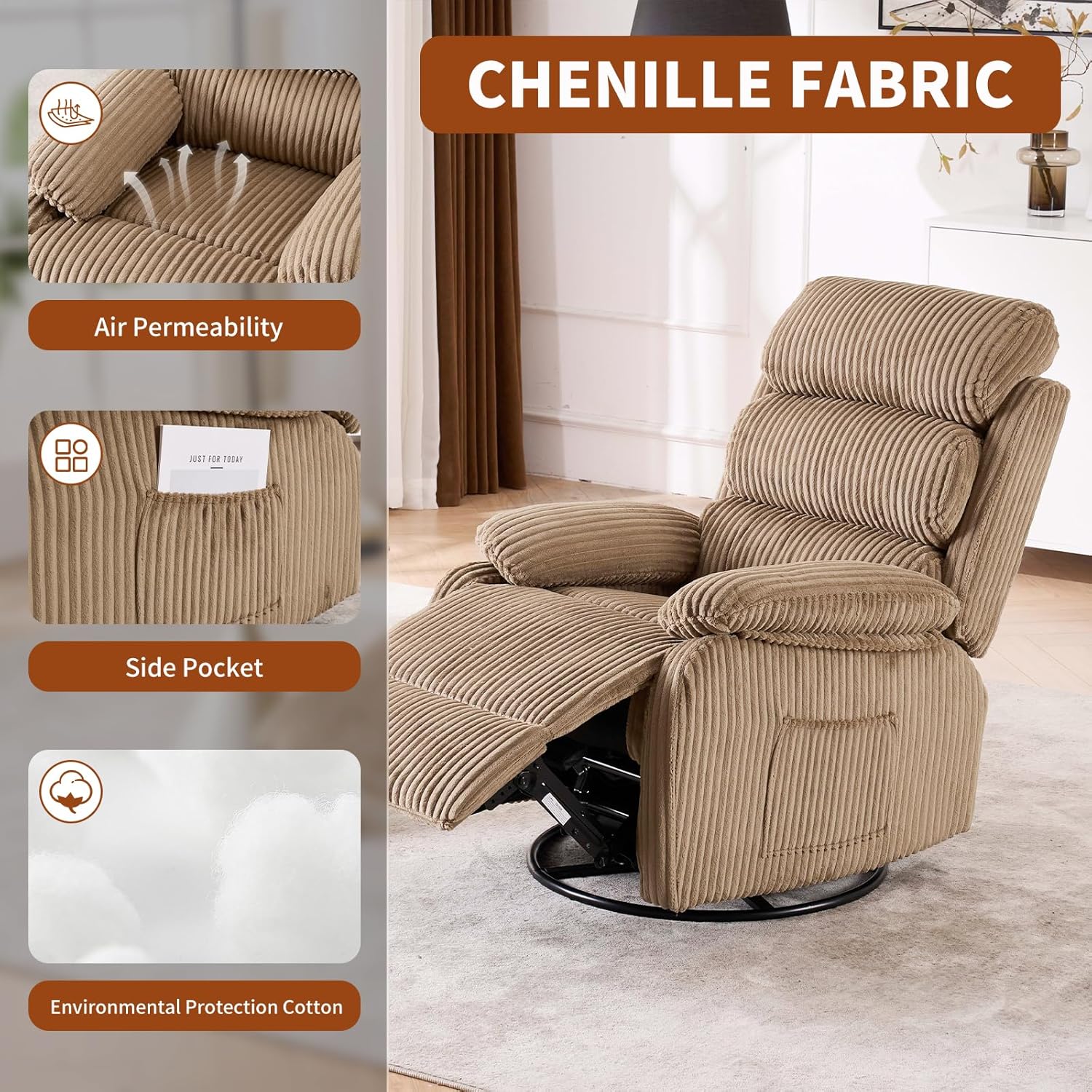 Velvet Upholstered Glider Recliner Chair – 360° Swivel Rocker Chair for Adults, Small Rocking Chair for Small Spaces, Soft Fabric Recliner Chair with Side Pockets, Comfortable Nursery Chair,Brwon