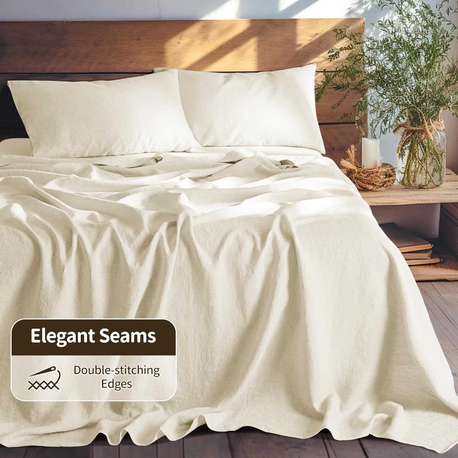 LBRO2M 100% Pure Linen Sheet Set Deep Pocket Up to 16" Bed Sheets Sets, Natural Flax Beddings Soft, Breathable, Comfortable for All Seasons 4 Pcs Sheet Set Queen Size, Beige