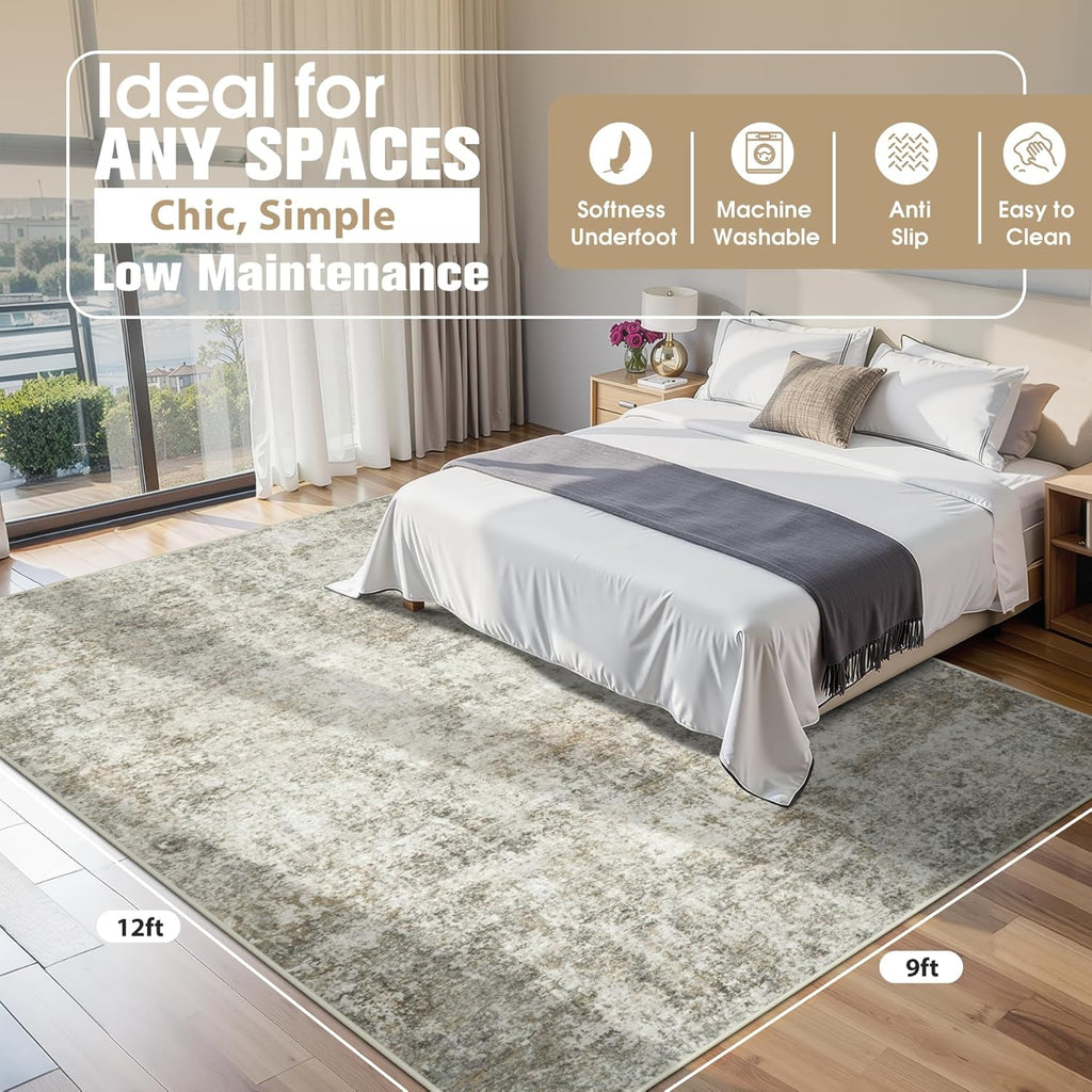 9x12 Area Rugs for Living Room Rug Washable: Abstract Large Rug for Dining Room Bedroom Carpet Non Slip 9 by 12 Indoor Modern Nursery Home Office Beige Brown