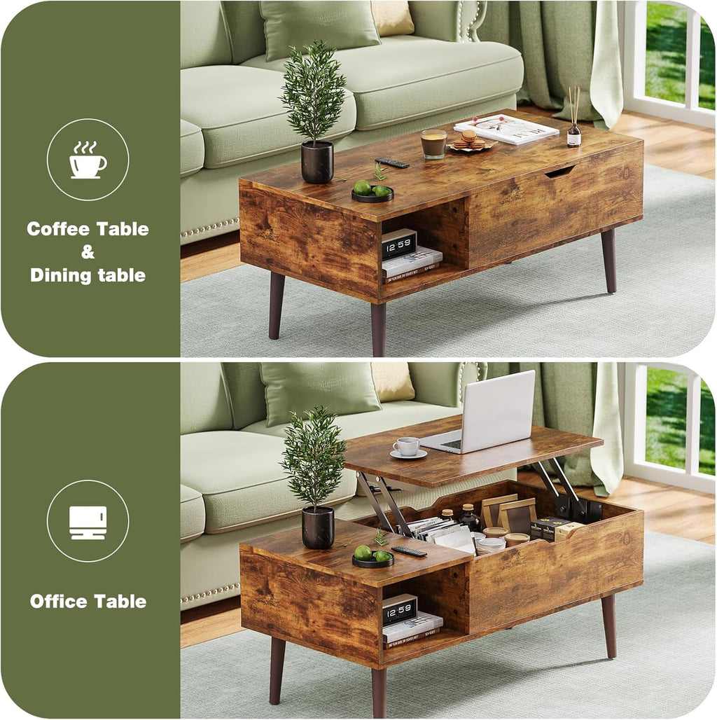 OLIXIS Wooden Coffee Table, Lift Top Coffee Table with Large Hidden Compartment and Ample Storage Shelf, Lift Tabletop Dining Table for Living Room, Home Small Space, Rustic