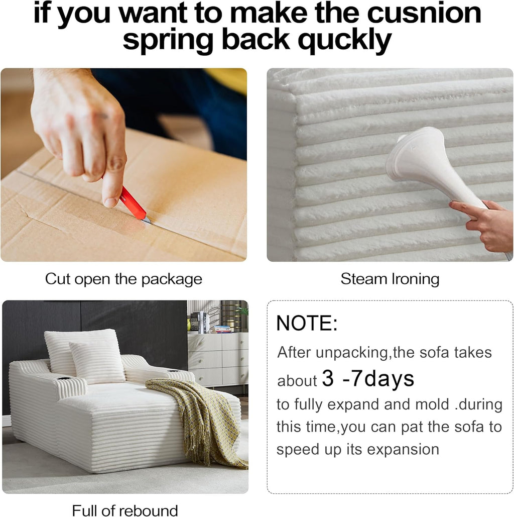 Chaise Lounge Chair Indoor, Cloud Sofa Bed with Cup Holders, Corduroy Upholstered Couch with 17.71" Seat High, Lazy Sofa Bed for Living Room Apart, Fully Assembled - White