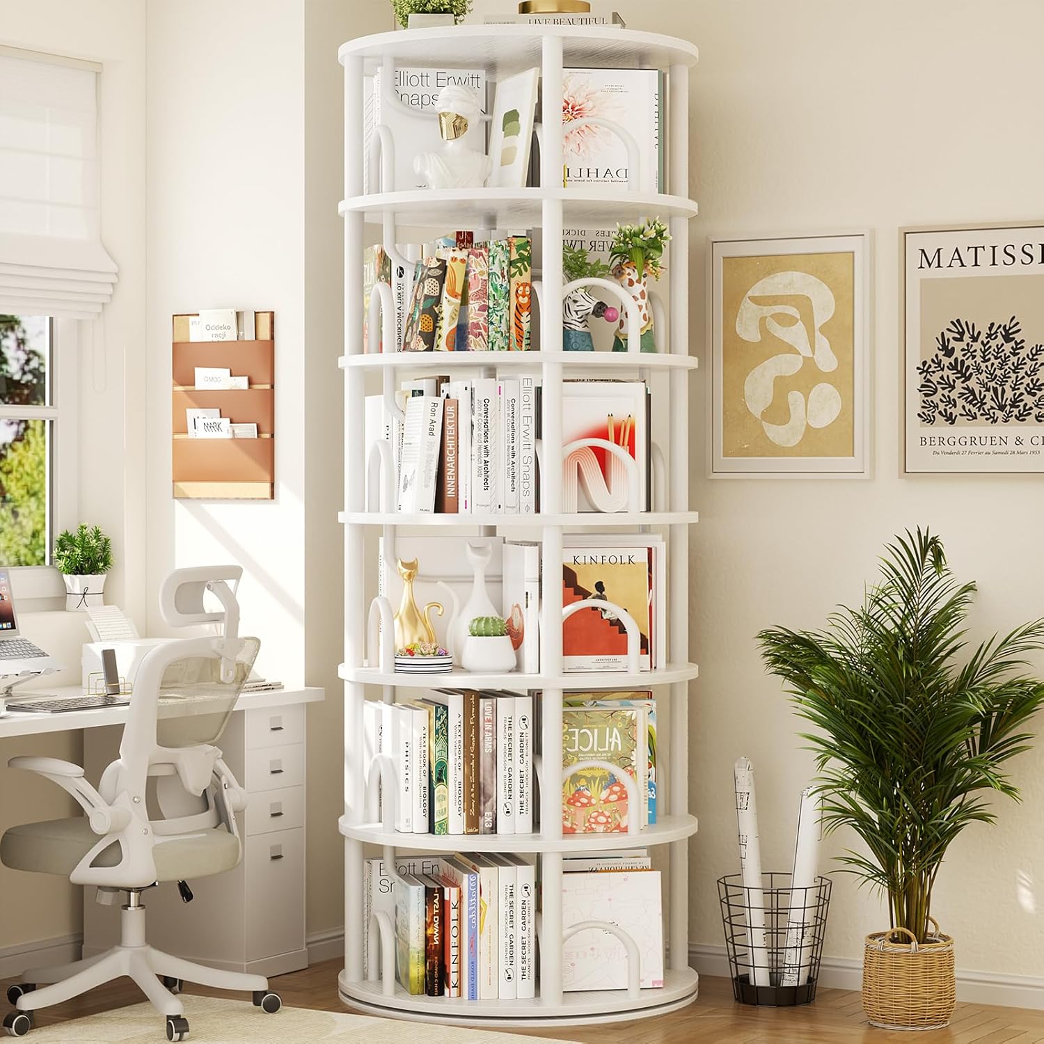 Aheaplus 6 Tier Rotating Bookshelf Tower, Revolving Bookcase, 360° Round Spinning Book Shelf, Narrow Swivel Bookshelves Vertical Rolling Turning Corner Bookshelf Organizer for Small Space, White