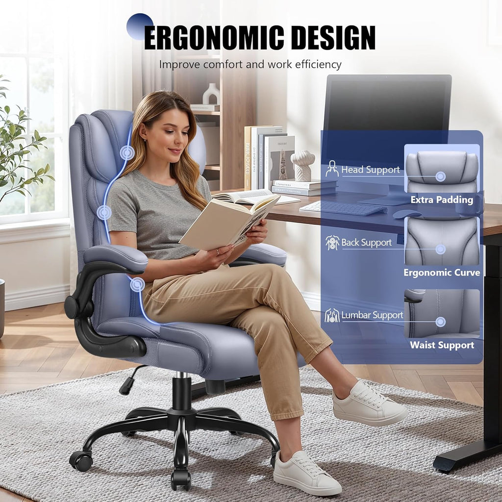 Primy Office Chair, Ergonomic Leather Desk Chair with Flip-up Armrests, Big and Tall High Back Executive Computer & Gaming Chair with Footrest, Comfy Padded, Rocking Function and Lumbar Support(Gray)