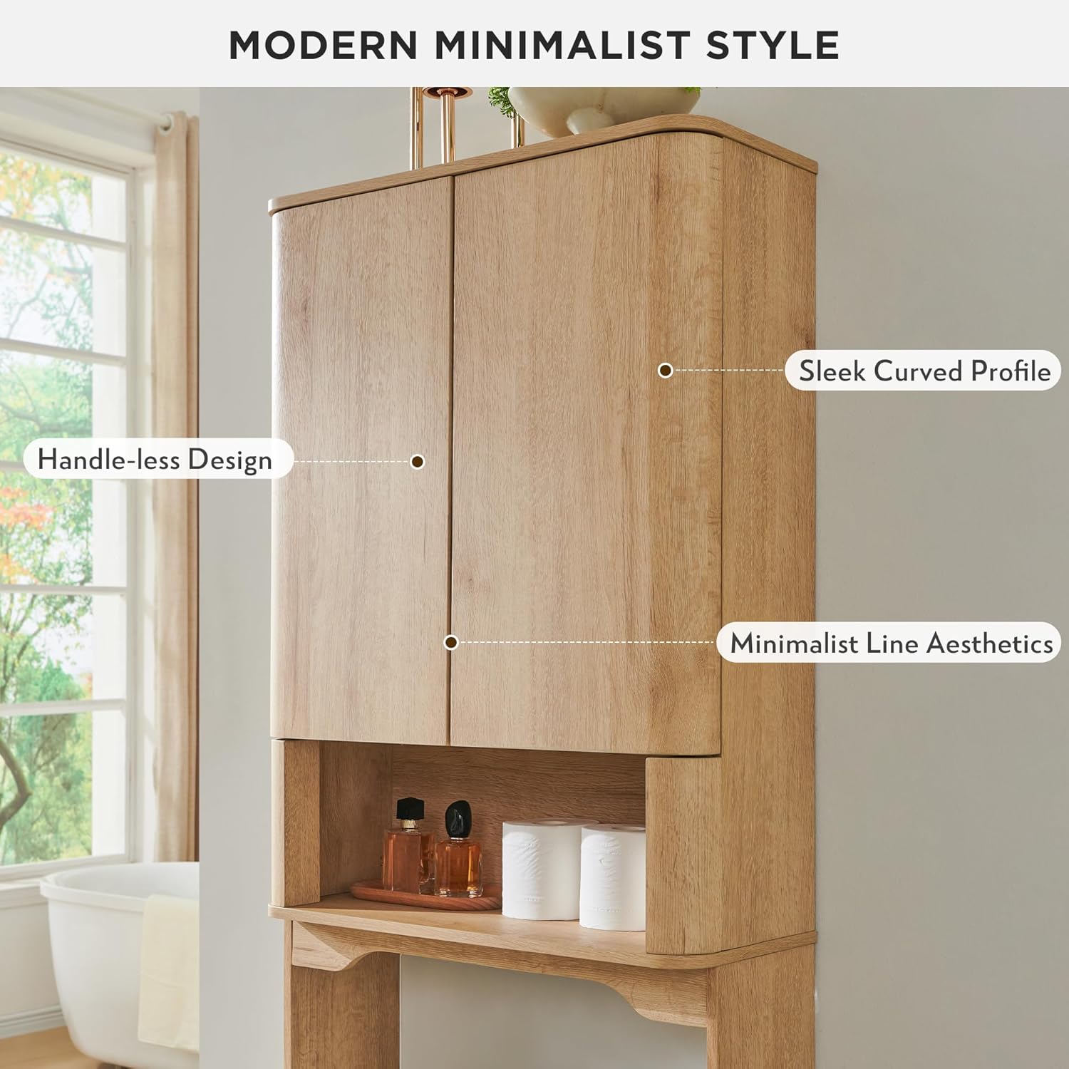 JXQTLINGMU Modern Over The Toilet Storage Cabinet, 67 Inch Tall Wooden Bathroom Cabinet with Adjustable Shelf & Handle-Less Double Doors, Natural Oak