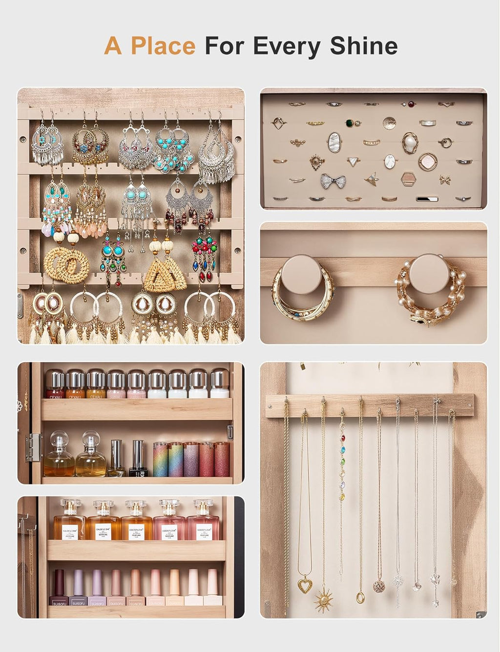Nicetree Jewelry Cabinet Armoire with 2 Drawers,Standing Jewelry Mirror Cabinet, Full Length Mirror with Jewelry Storage, Lockable Jewelry Organizer with Mirror, Oak