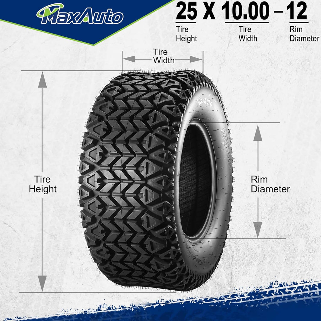 MaxAuto 25x10-12 Hilly Lawn ATV Tires, 25x10x12 All Terrain Tires, 25 10 12 Sand Off-Road Tire, 6PR Tubeless, 2 Pack