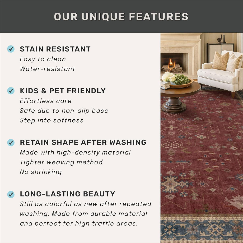 Hazo Haus Oriental 8x10 Large Area Rugs for Living Room - Burgundy Rug for Bedroom Under Bed, Dining Room Under Kitchen Table, Washable Soft Non Slip Unique Indoor Décor