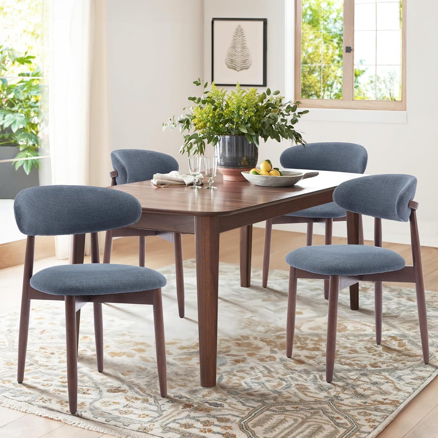 COLAMY Wooden Dining Chairs Set of 4, Modern Fabric Upholstered Dining Room Chair, Farmhouse Kitchen Side Chairs with Foot Pegs, Blue