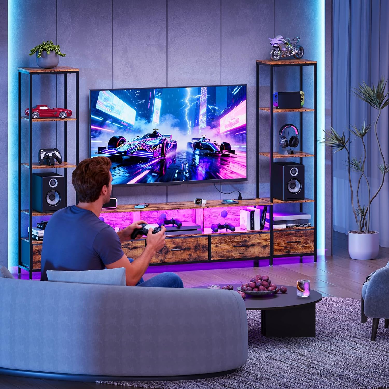 IDEALHOUSE TV Entertainment Center for Living Room, Large LED TV Stand with Storage, Modern Media Center for TVs Up to 70"