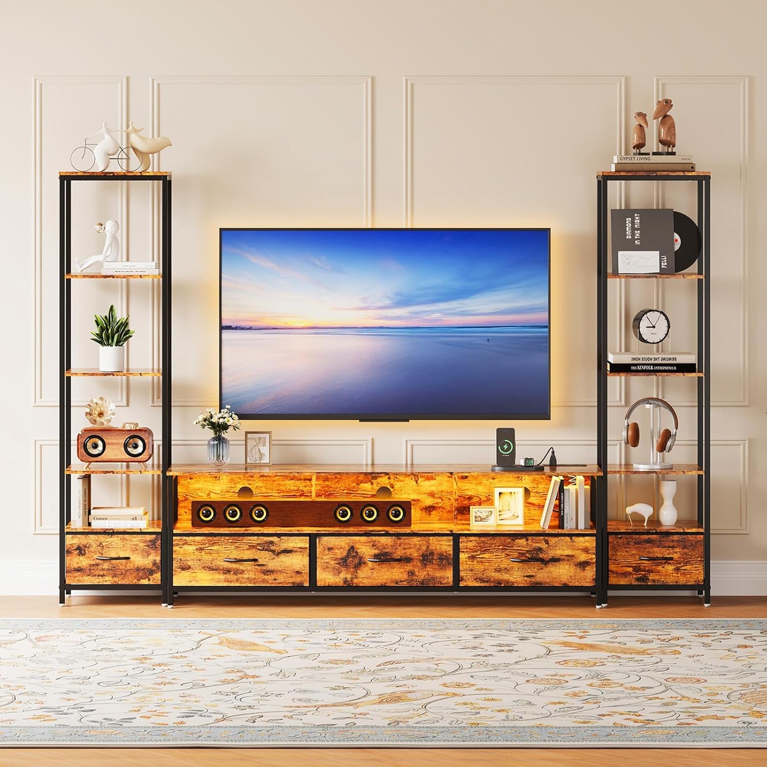 IDEALHOUSE TV Entertainment Center for Living Room, Large LED TV Stand with Storage, Modern Media Center for TVs Up to 70"