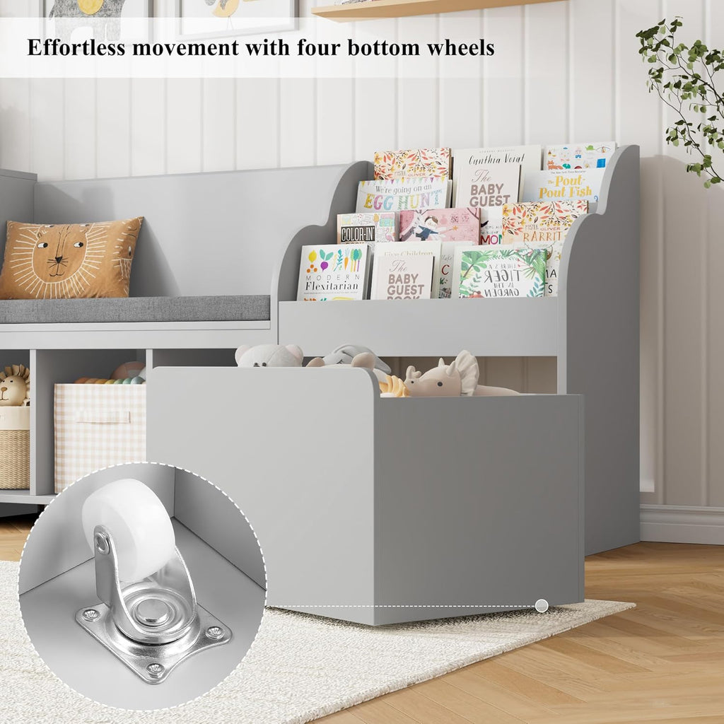 HOSTACK 67" W Kids Reading Nook with Toy Storage Organizer, Large Kids Bookshelf with Toy Storage Box on Wheels, Big Kid Bookcase with Bench and 6 Open Cubbies for Playroom, Kid Room, Grey