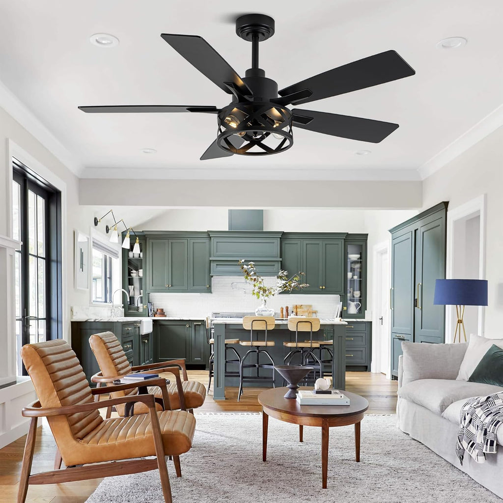 52" Farmhouse Ceiling Fan with Lights and Remote,Ceiling Fan with Caged Rustic Light Fixture,Reversible DC Motor,5 Double Finish Wood Blades for Patio,Living Room,Dining Room,Bedroom
