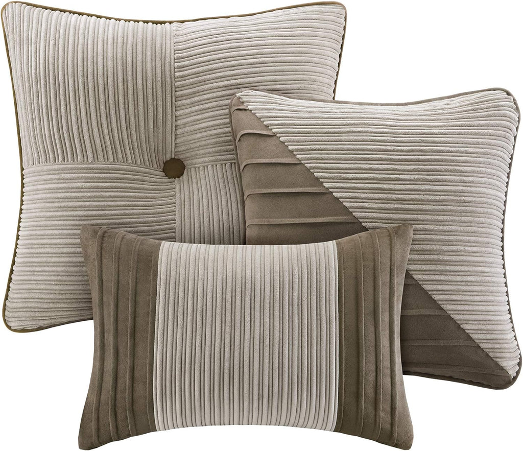 Madison Park Cozy Comforter Set Casual Blocks Design All Season, Matching Bed Skirt, Decorative Pillows, King(104"x92"), Dallas Corduroy, Taupe Brown, 7 Piece