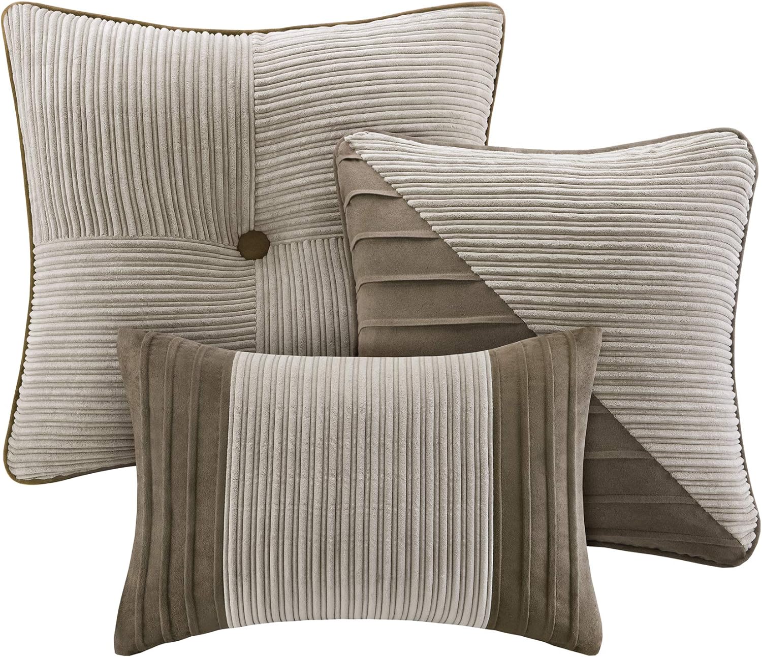 Madison Park Cozy Comforter Set Casual Blocks Design All Season, Matching Bed Skirt, Decorative Pillows, King(104"x92"), Dallas Corduroy, Taupe Brown, 7 Piece