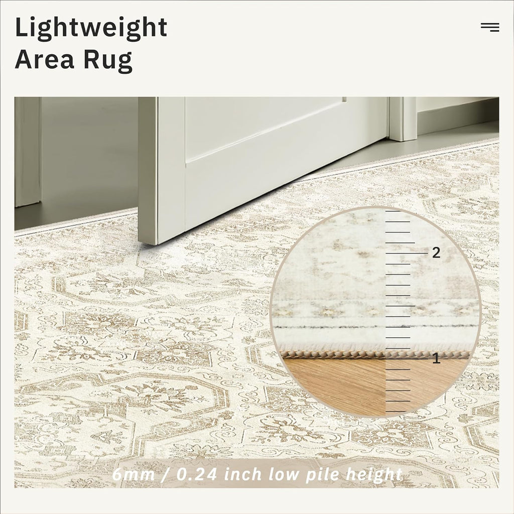 Soalmost 9x12 Area Rugs for Living Room, Non Slip Machine Washable Vintage Rugs, Low Pile Lightweight Large Rug for Bedroom, Dining Room, Home Office Beige/Brown