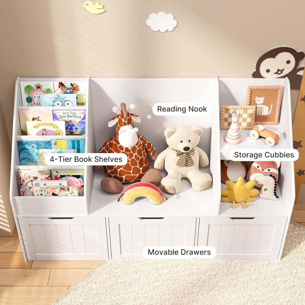 Gizoon Kids Bookshelf with Reading Nook, Kids Toy Storage Organizer with 3 Movable Drawers, Kids Reading Nook with Bench for Kidsroom Playroom and Bedroom, White