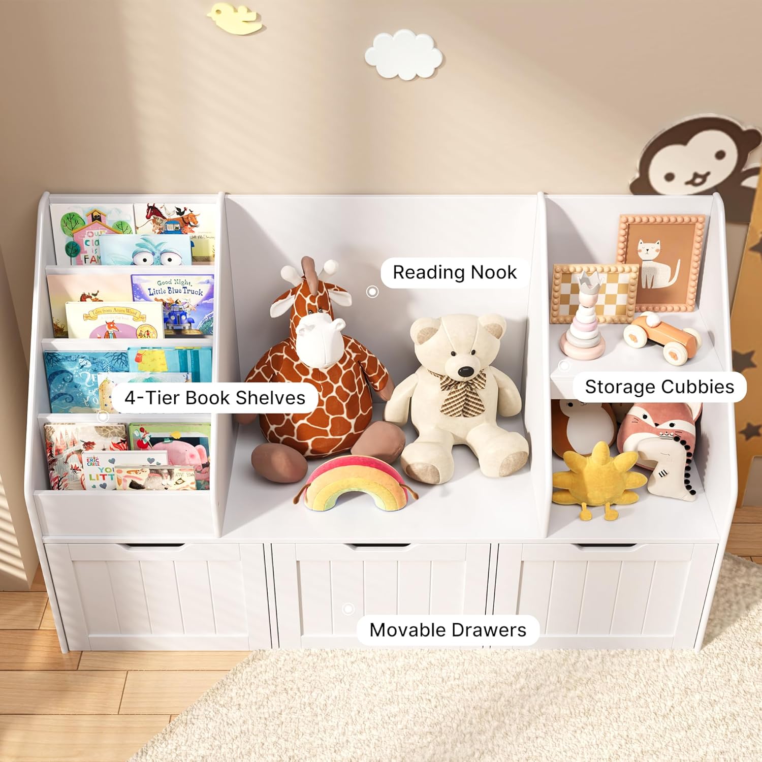 Gizoon Kids Bookshelf with Reading Nook, Kids Toy Storage Organizer with 3 Movable Drawers, Kids Reading Nook with Bench for Kidsroom Playroom and Bedroom, White