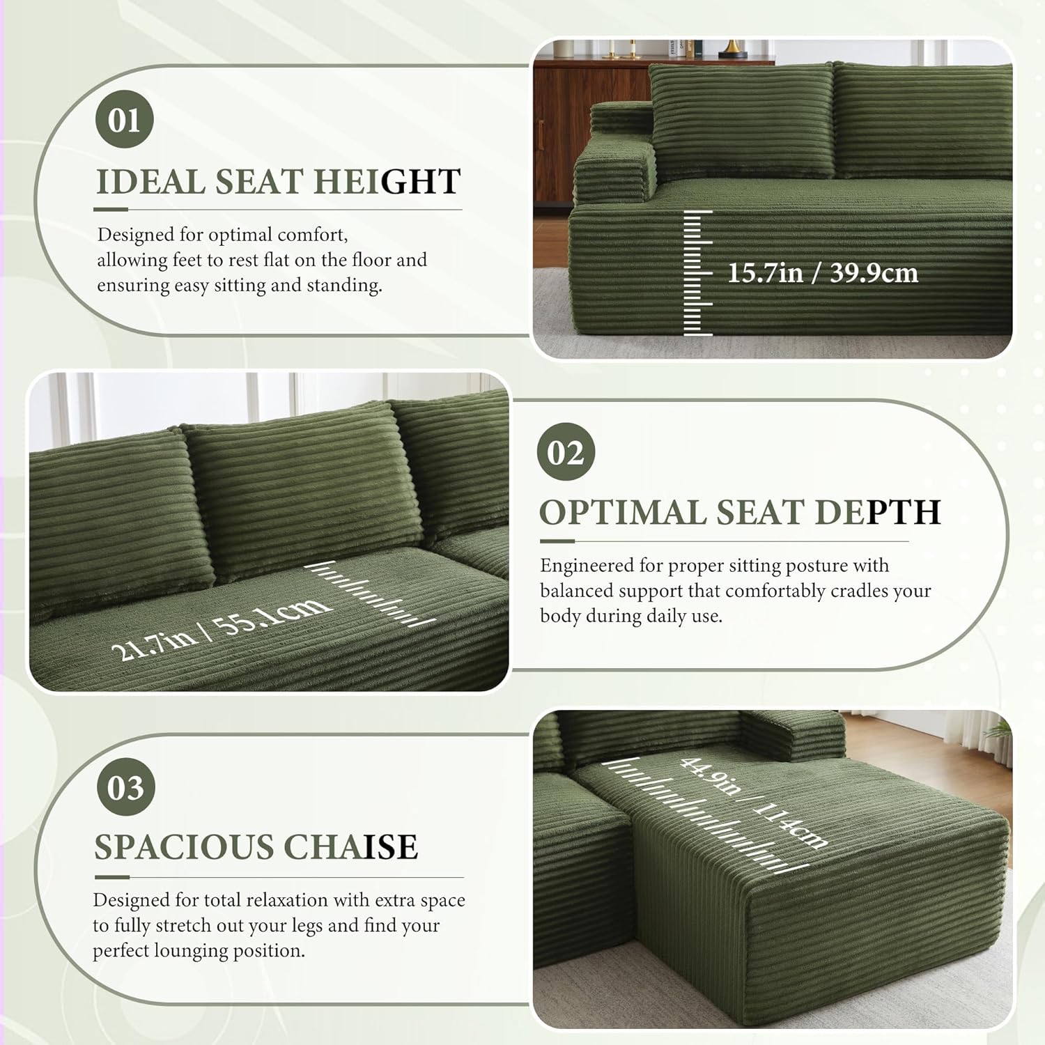 96" Sectional Couches for Living Room Cloud Couch Sofa with L-Shape Upholstered Boneless Couchs Modern Modular Sectional Couch with Chaise (Green, 96" W+Right Facing Chaise+2Seaters)
