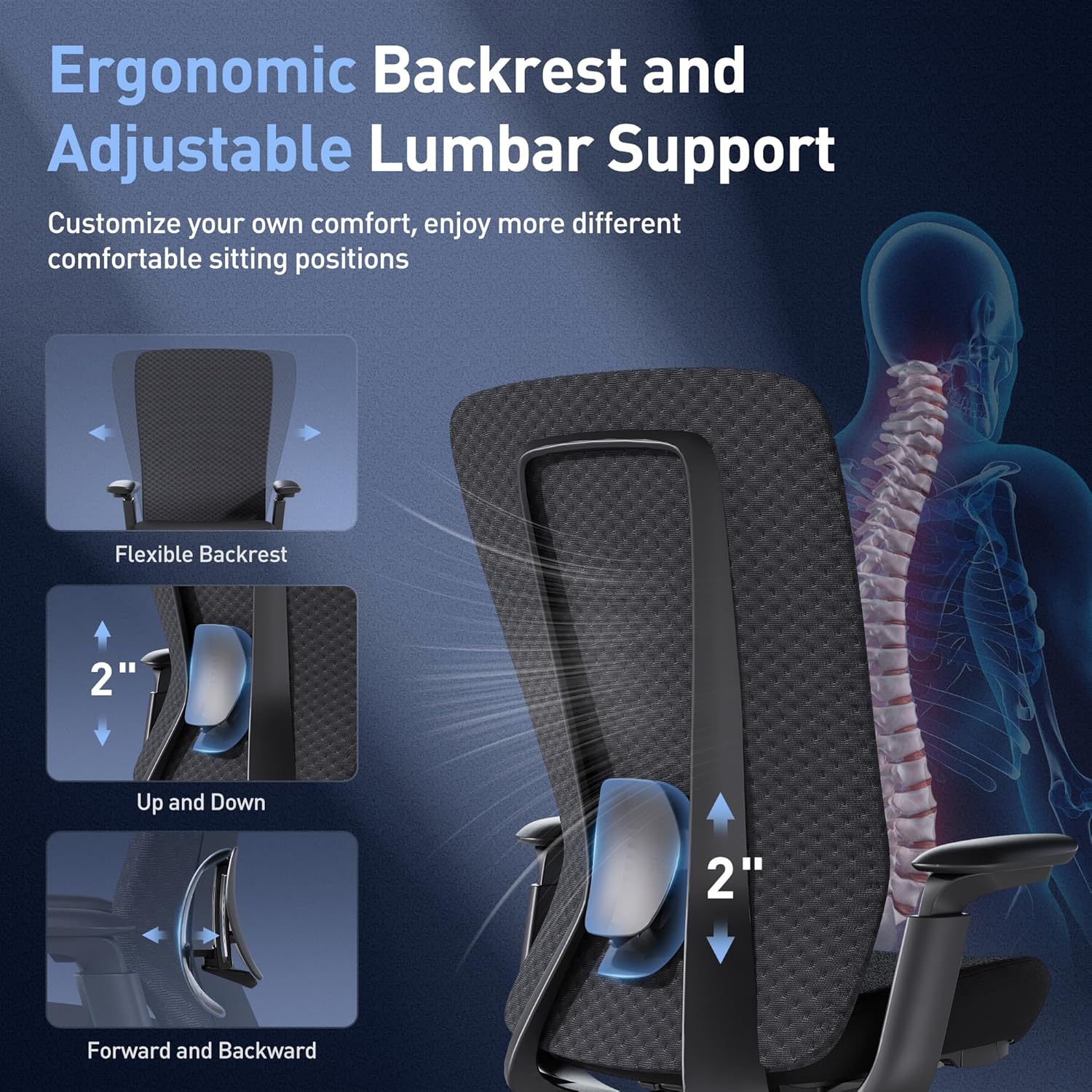 COLAMY Ergonomic Mesh Office Chair, Computer Executive Desk Chair, Ergonomic Office Chair Lumbar Support with Flexible Backrest, Slide Seat, Darkblue