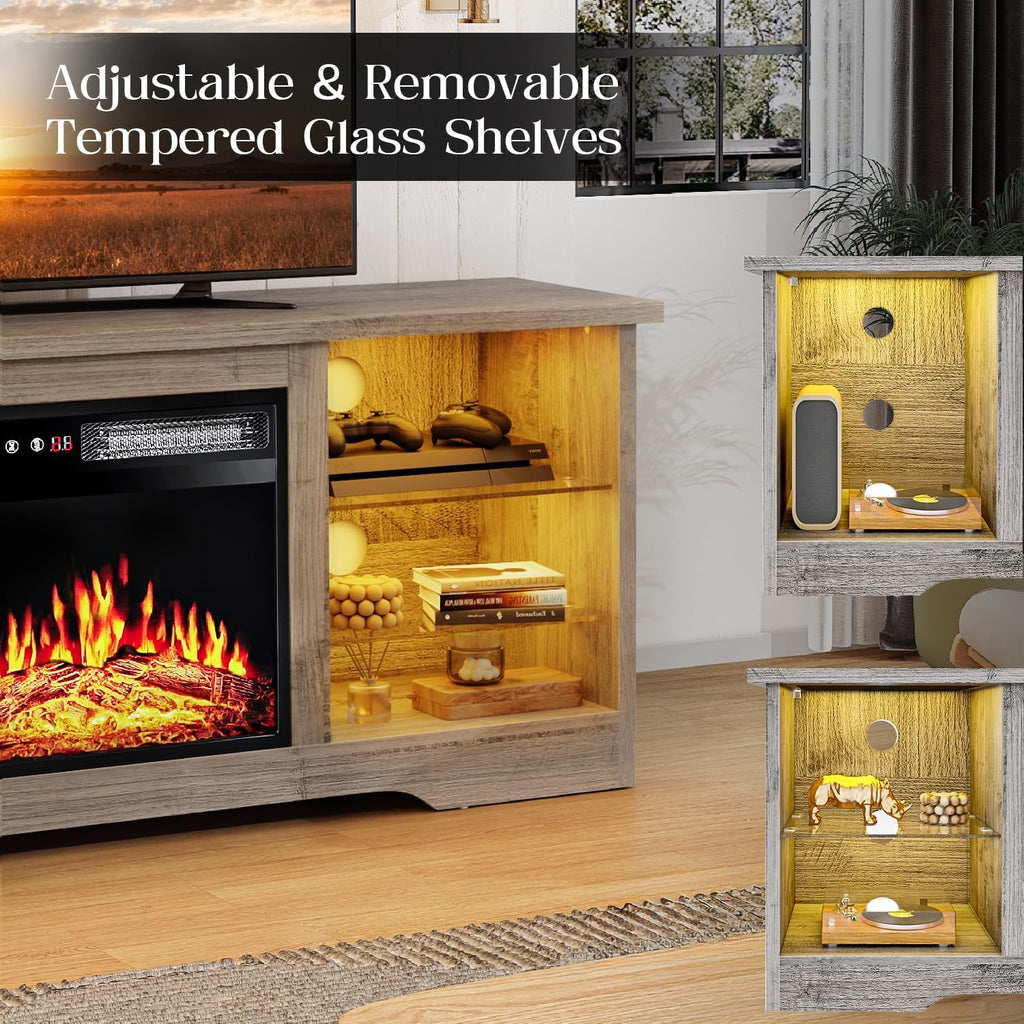 VITESSE 58 Inches Fireplace TV Stand for TVs up to 65 Inches Console with 18'' Electric Fireplace & Remote,Wooden Modern Entertainment Center for Living Room with LED Light Glass Shelves（Gray）