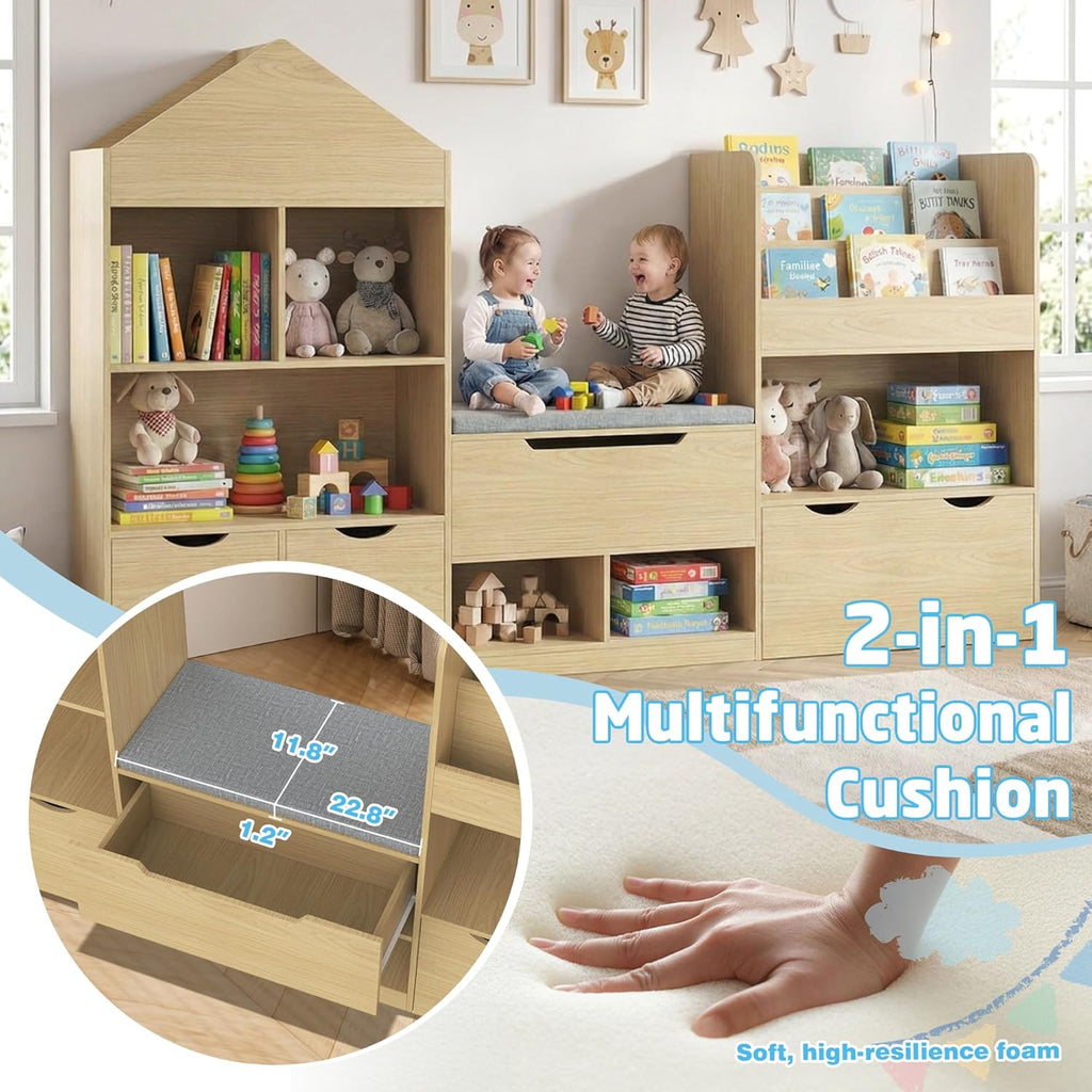 72" Kids Castle Bookshelf with Reading Nook, Large Toy Storage Organizer with Seat Cushion, 4 Drawers, Wheels, Kids Bookshelf and Bookcase w/8 Cubbies for Playroom, Nursery, Bedroom (Burlywood)